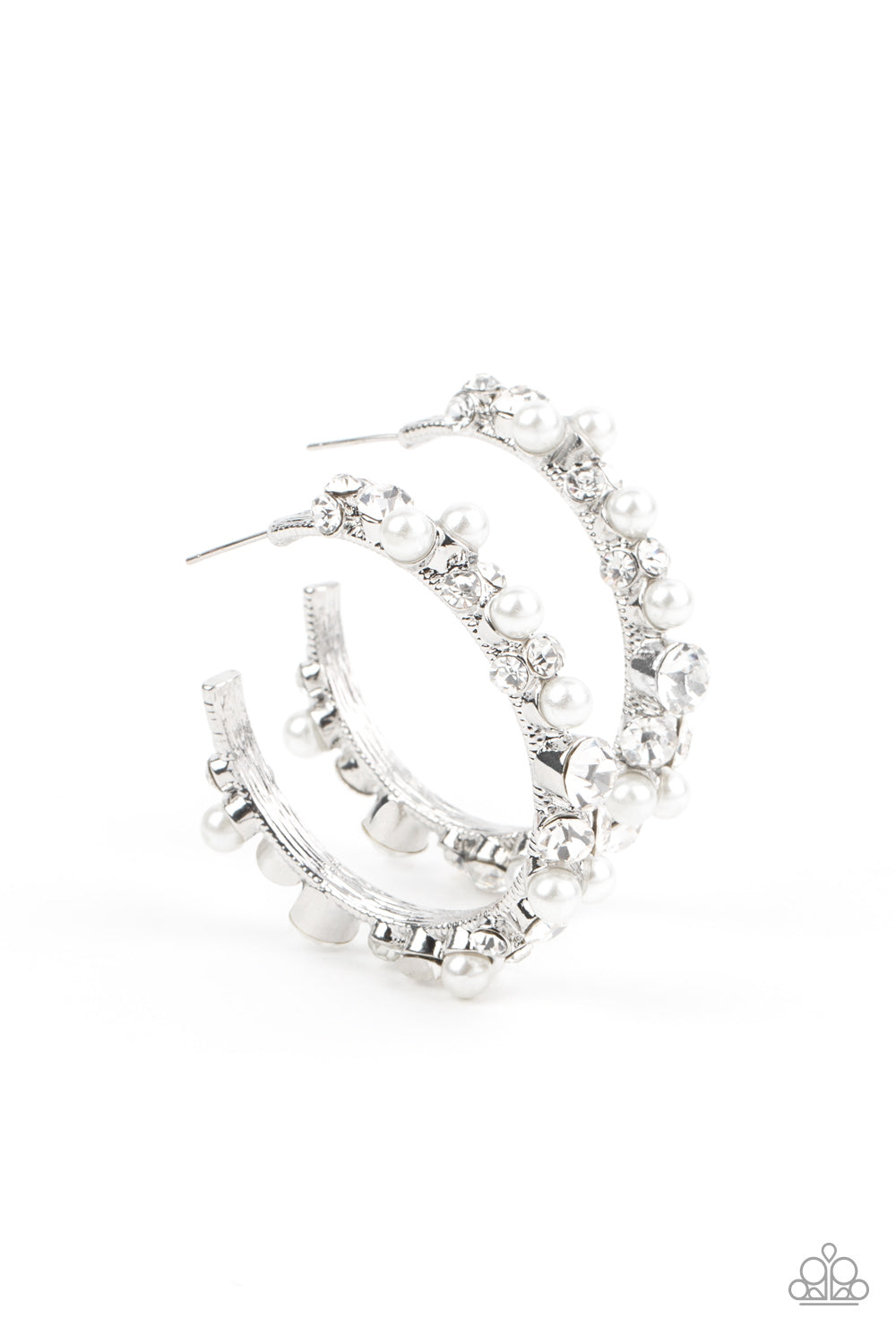 Let There Be SOCIALITE White Hoop Earring - Paparazzi Accessories A bubbly array of classic white rhinestones and glassy white rhinestones are encrusted along the front of a silver hoop, creating an elegantly effervescent look. Earring attaches to a standard post fitting. Hoop measures approximately 1 1/2" in diameter. All Paparazzi Accessories are lead free and nickel free! Sold as one pair of hoop earrings.