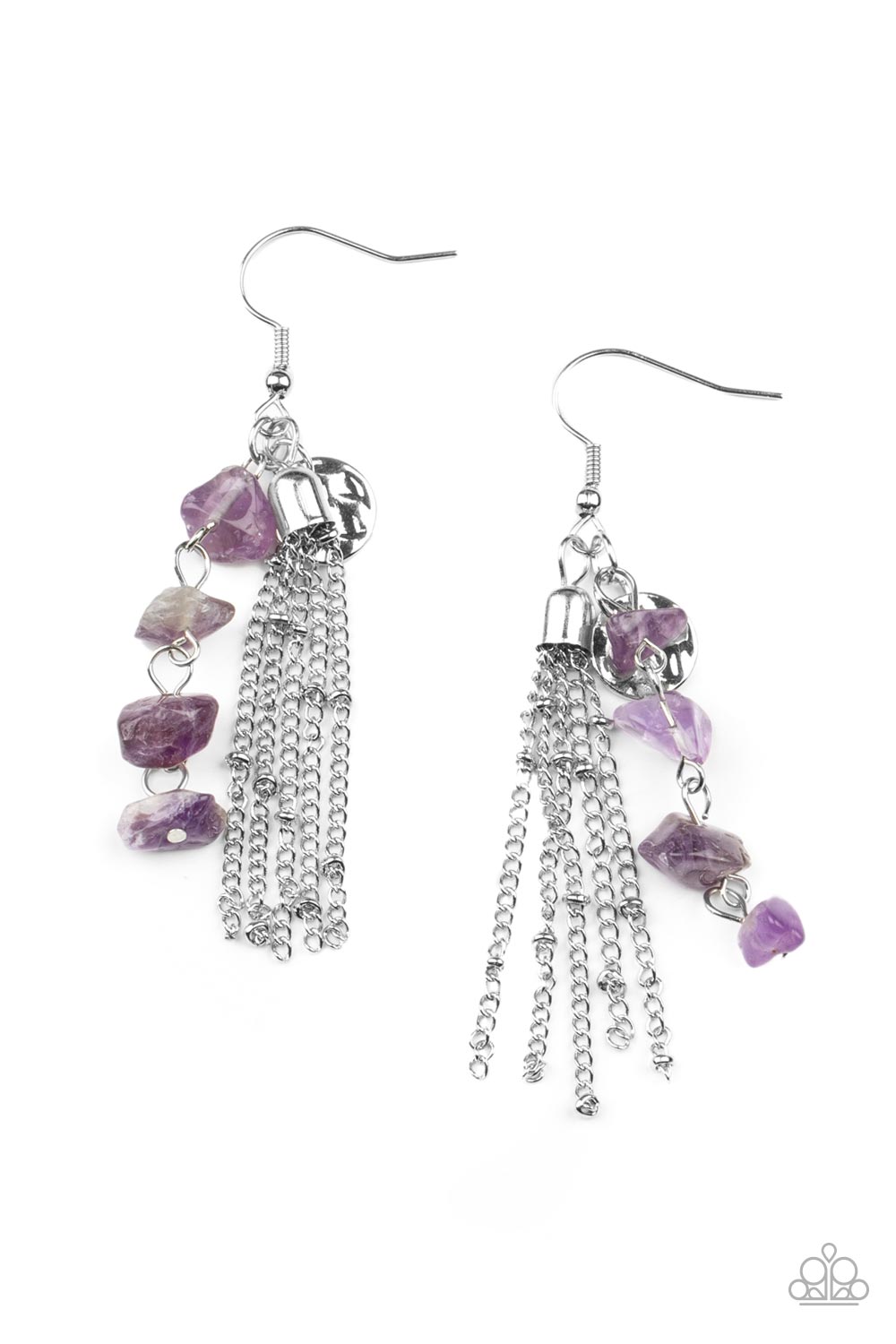 Stone Sensation Purple Earring - Paparazzi Accessories A hammered silver disc, silver chain tassel, and strand of raw cut amethyst rock beads delicately stream from the ear, creating an earthy fringe. Earring attaches to a standard fishhook fitting. All Paparazzi Accessories are lead free and nickel free! Sold as one pair of earrings.