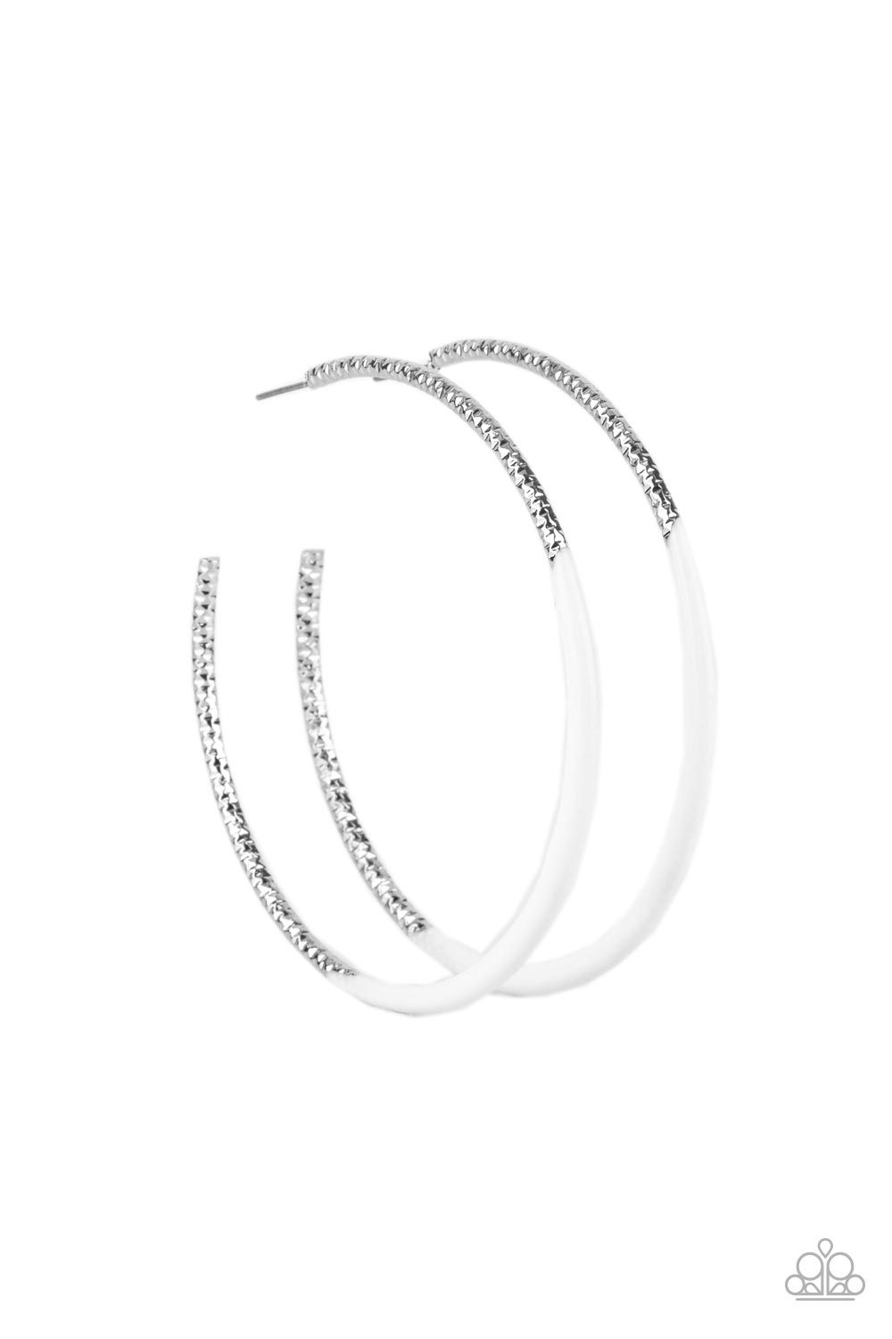 DIP, DIP, Hooray! White Hoop Earring - Paparazzi Accessories Featuring faceted diamond cut texture, a shimmery silver hoop is dipped in white paint for a colorful flair. Earring attaches to a standard post fitting. Hoop measures approximately 2 3/4" in diameter. All Paparazzi Accessories are lead free and nickel free! Sold as one pair of hoop earrings.
