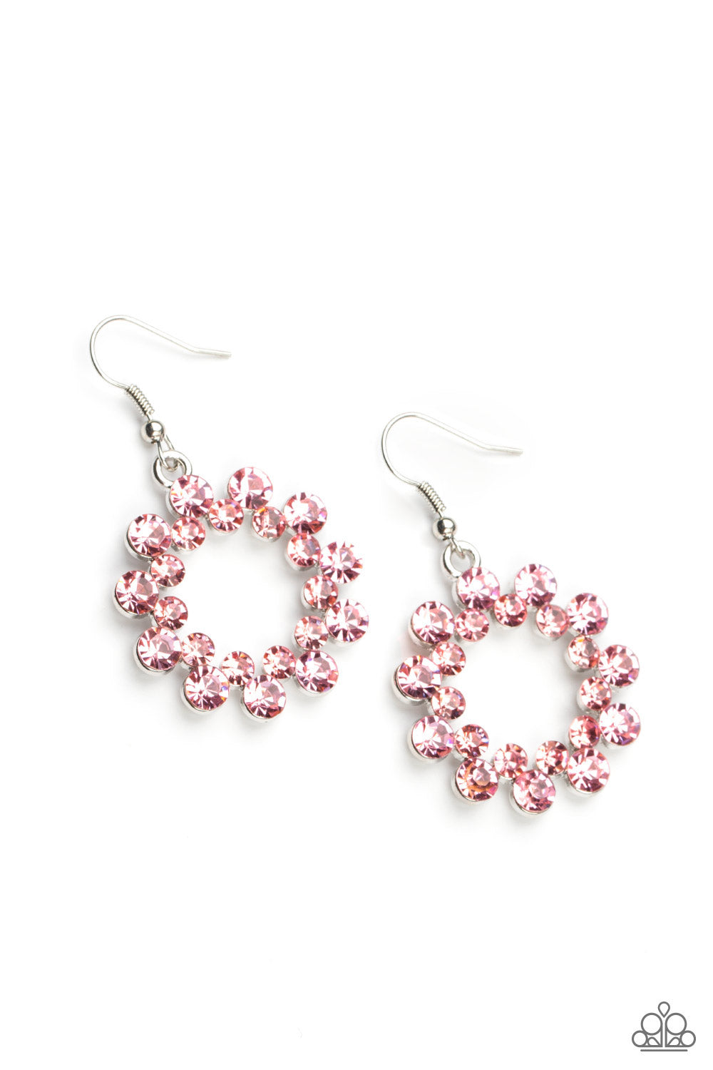 Champagne Bubbles Pink Earring - Paparazzi Accessories A ring of classic Pale Rosette rhinestones flare out from a dainty ring of Pale Rosette rhinestones, coalescing into a bubbly and sparkly hoop. Earring attaches to a standard fishhook fitting. Sold as one pair of earrings.