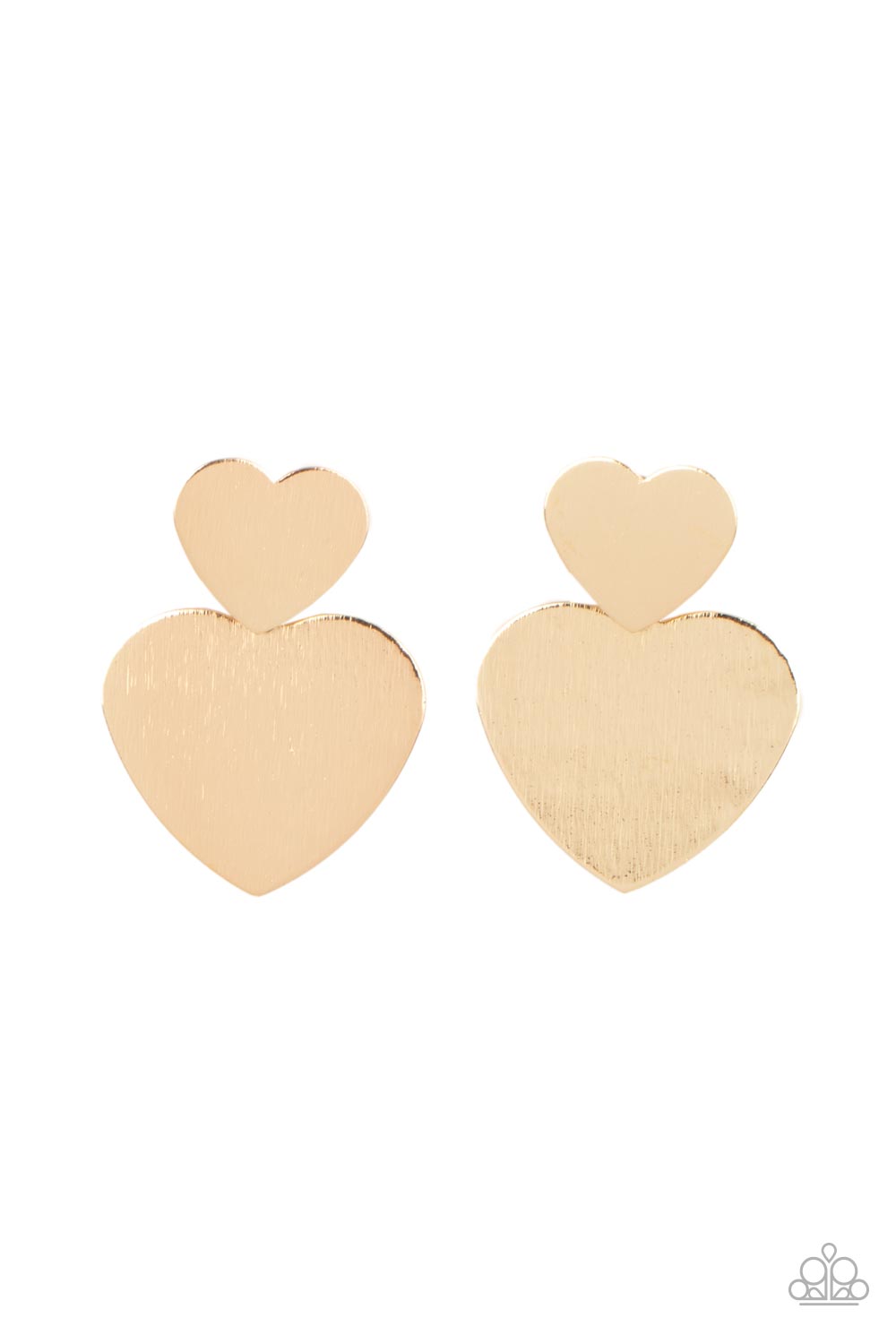 Heart-Racing Refinement - Gold Item #P5PO-GDXX-175XX Delicately scratched in shimmer, a dainty gold heart frame delicately links with a larger gold heart frame for a flirtatiously layered look. Earring attaches to a standard post earring. Sold as one pair of post earrings.