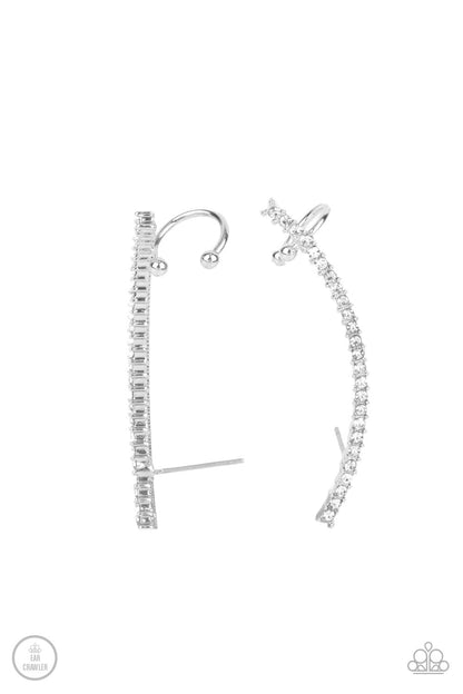 Sleekly Shimmering White Ear Crawler Earring - Paparazzi Accessories  Featuring pronged silver fittings, a dainty row of stacked white rhinestones gently curves as it climbs the ear for a flawless fashion. Features a dainty cuff attached to the top for a secure fit.  Sold as one pair of ear crawlers.