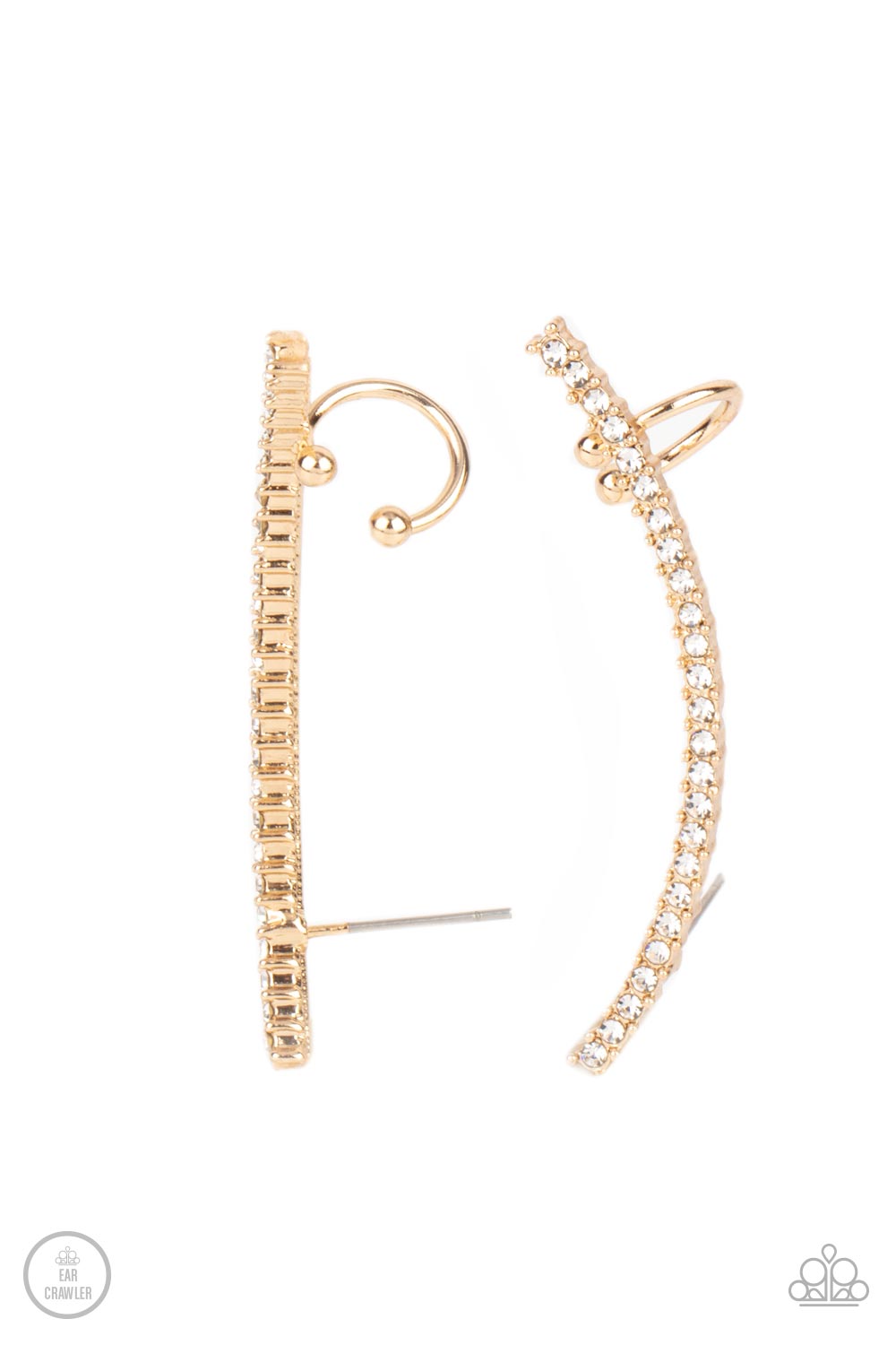 Sleekly Shimmering Gold Ear Crawler Earring - Paparazzi Accessories Featuring pronged gold fittings, a dainty row of stacked white rhinestones gently curves as it climbs the ear for a flawless fashion. Features a dainty cuff attached to the top for a secure fit. Sold as one pair of ear crawlers.