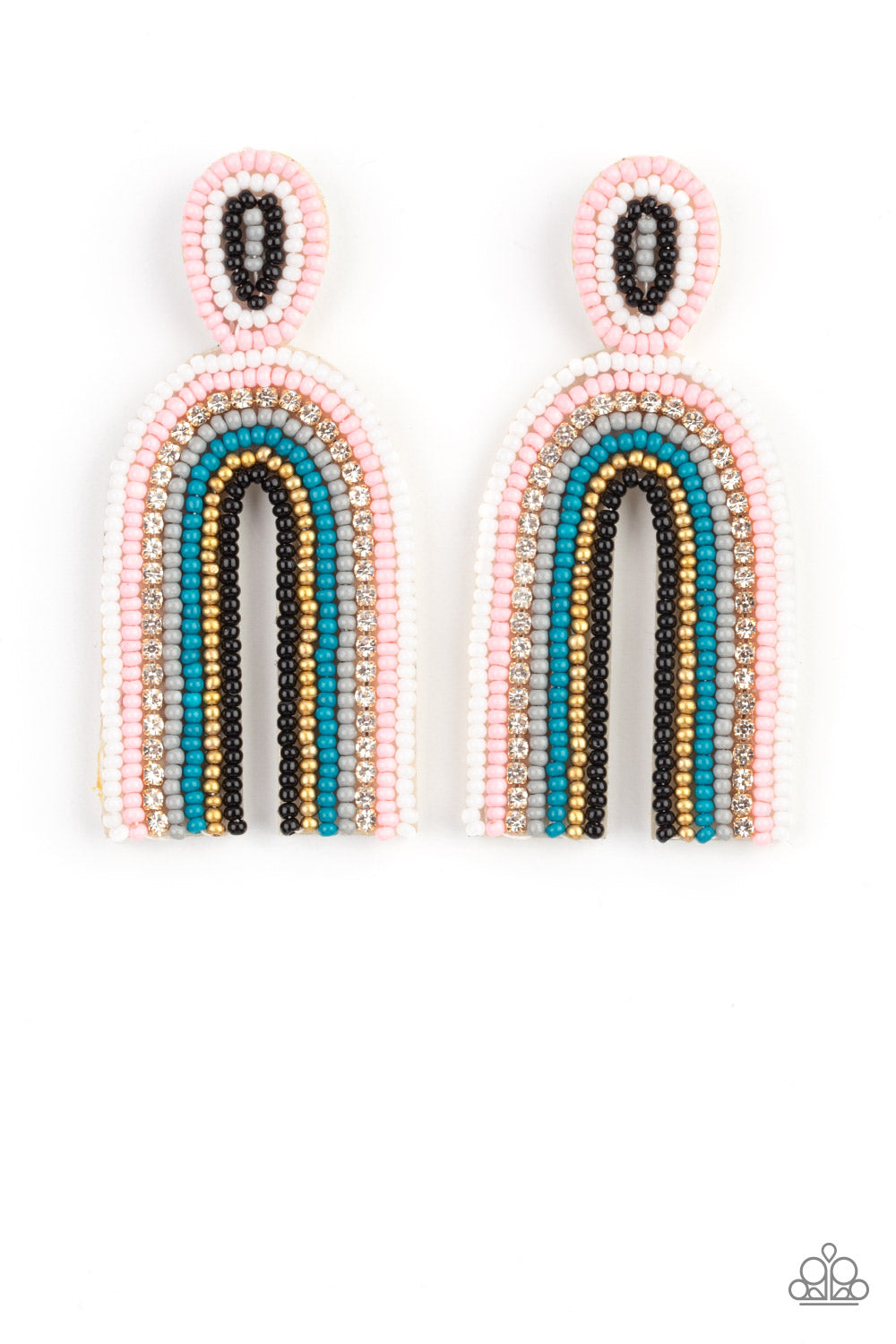 Rainbow Remedy Multi Seed Bead Earring - Paparazzi Accessories Infused with a single row of glassy white rhinestones, dainty strands of white, pink, gray, blue, gold, and black seeds stack into a colorful rainbow at the bottom of a matching seed beaded fitting. Earring attaches to a standard post fitting. Sold as one pair of post earrings.