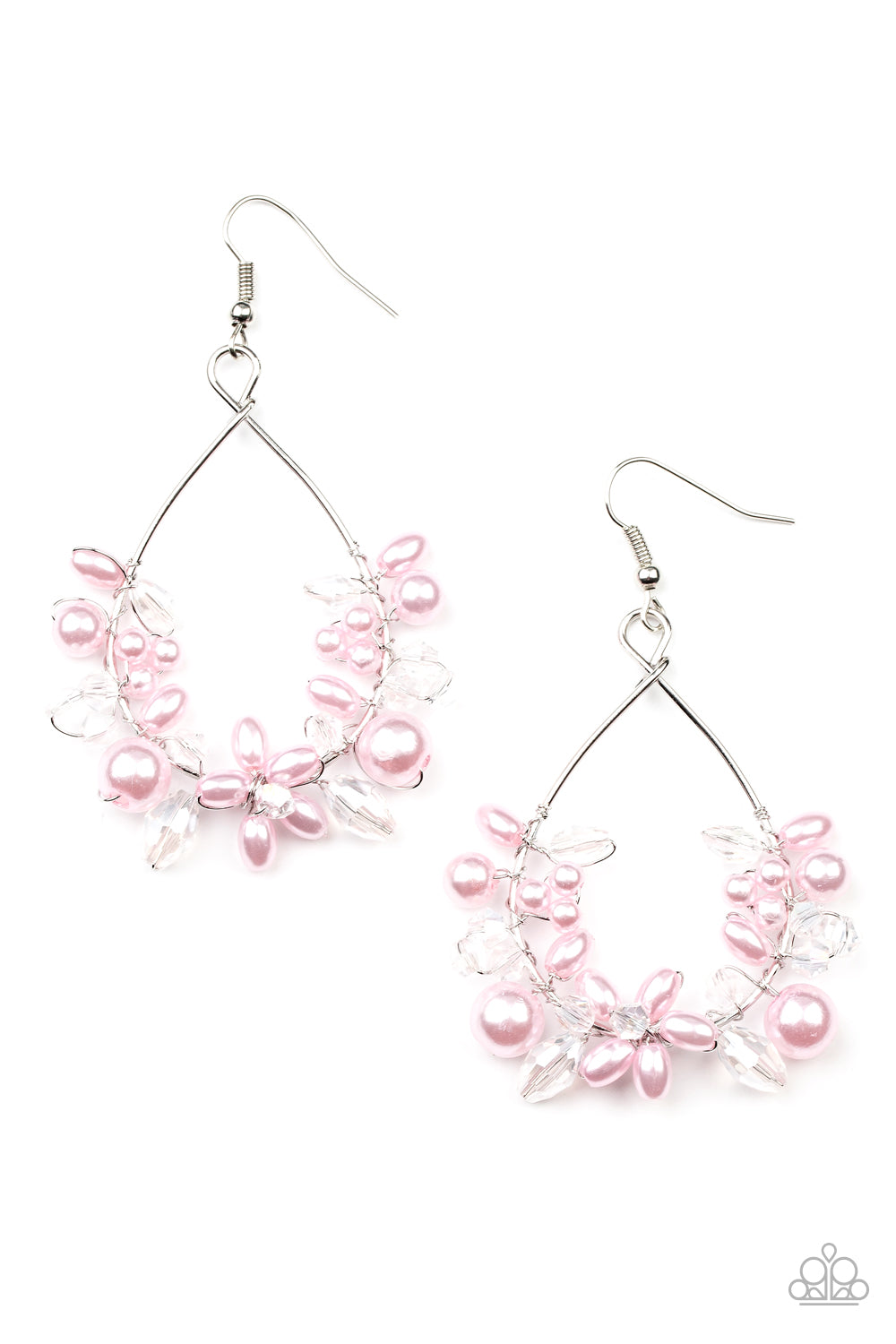Marina Banquet Pink Earring - Paparazzi Accessories A bubbly collection of pink pearls and white crystal-like beads are threaded along the bottom of a dainty wire hoop, creating twinkly floral accents. Earring attaches to a standard fishhook fitting. Sold as one pair of earrings.