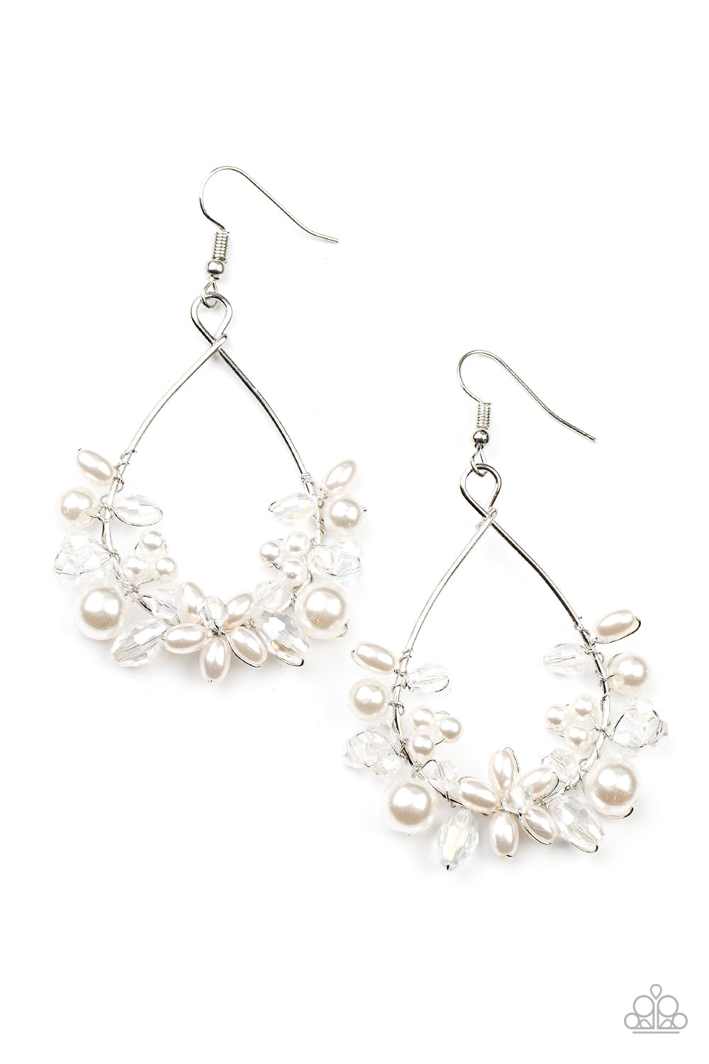 Marina Banquet White Pearl Earring - Paparazzi Accessories A bubbly collection of white pearls and white crystal-like beads are threaded along the bottom of a dainty wire hoop, creating twinkly floral accents. Earring attaches to a standard fishhook fitting. Sold as one pair of earrings.
