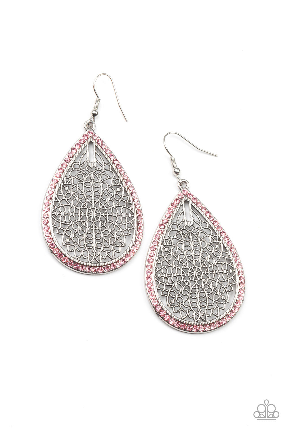 Fleur de Fantasy Pink Earring - Paparazzi Accessories Bordered in dainty pink rhinestones, the center of an oversized silver teardrop is filled with an airy floral pattern for a seasonal flair. Earring attaches to a standard fishhook fitting. All Paparazzi Accessories are lead free and nickel free! Sold as one pair of earrings.