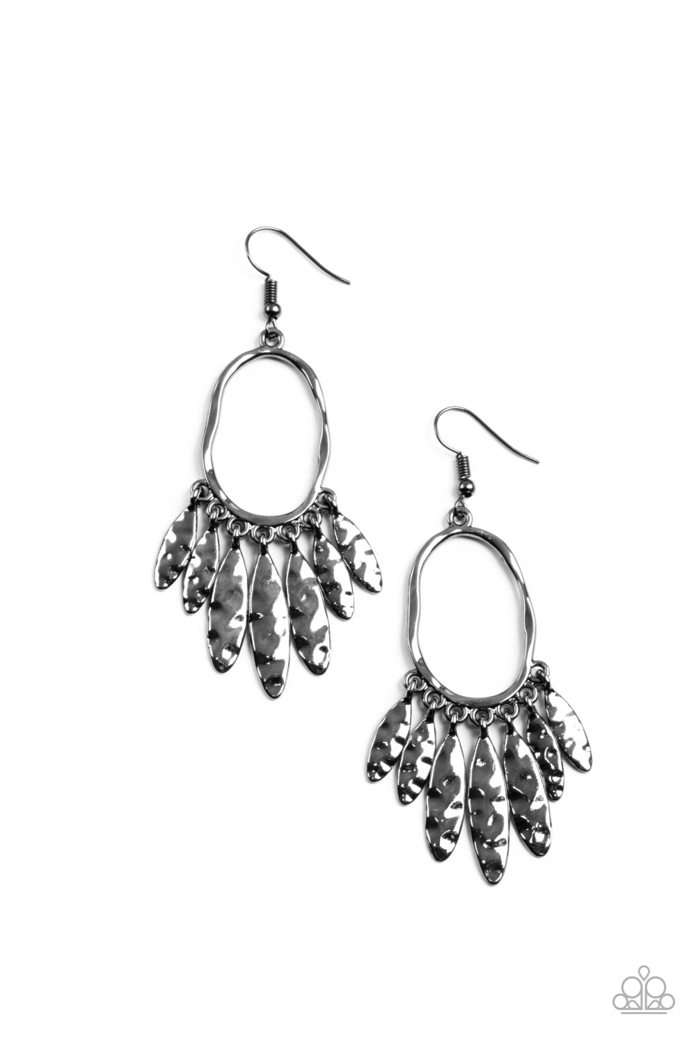Artisan Aria Black Earring - Paparazzi Accessories Item #P5ED-BKXX-106XX A tapered fringe of hammered gunmetal oval frames swings from the bottom of a hammered oval hoop, creating a musical fringe. Earring attaches to a standard fishhook fitting. Sold as one pair of earrings.