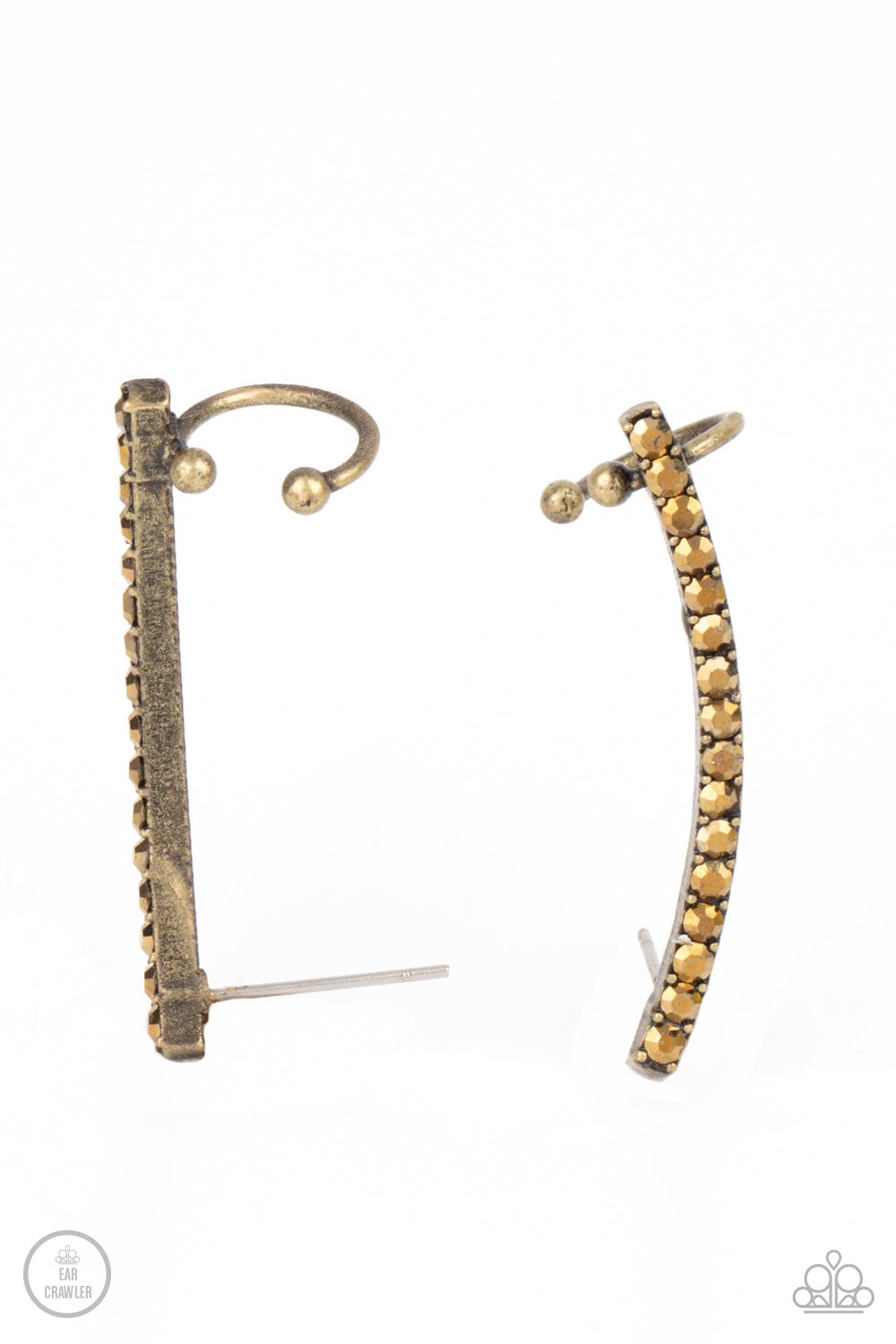Give Me The SWOOP Brass Post Earring - Paparazzi Accessories A dainty row of glitzy aurum rhinestones is encrusted along a gritty brass bar that swoops up the ear for a smoldering style. Features a dainty cuff attached to the top for a secure fit. All Paparazzi Accessories are lead free and nickel free! Sold as one pair of ear crawlers.
