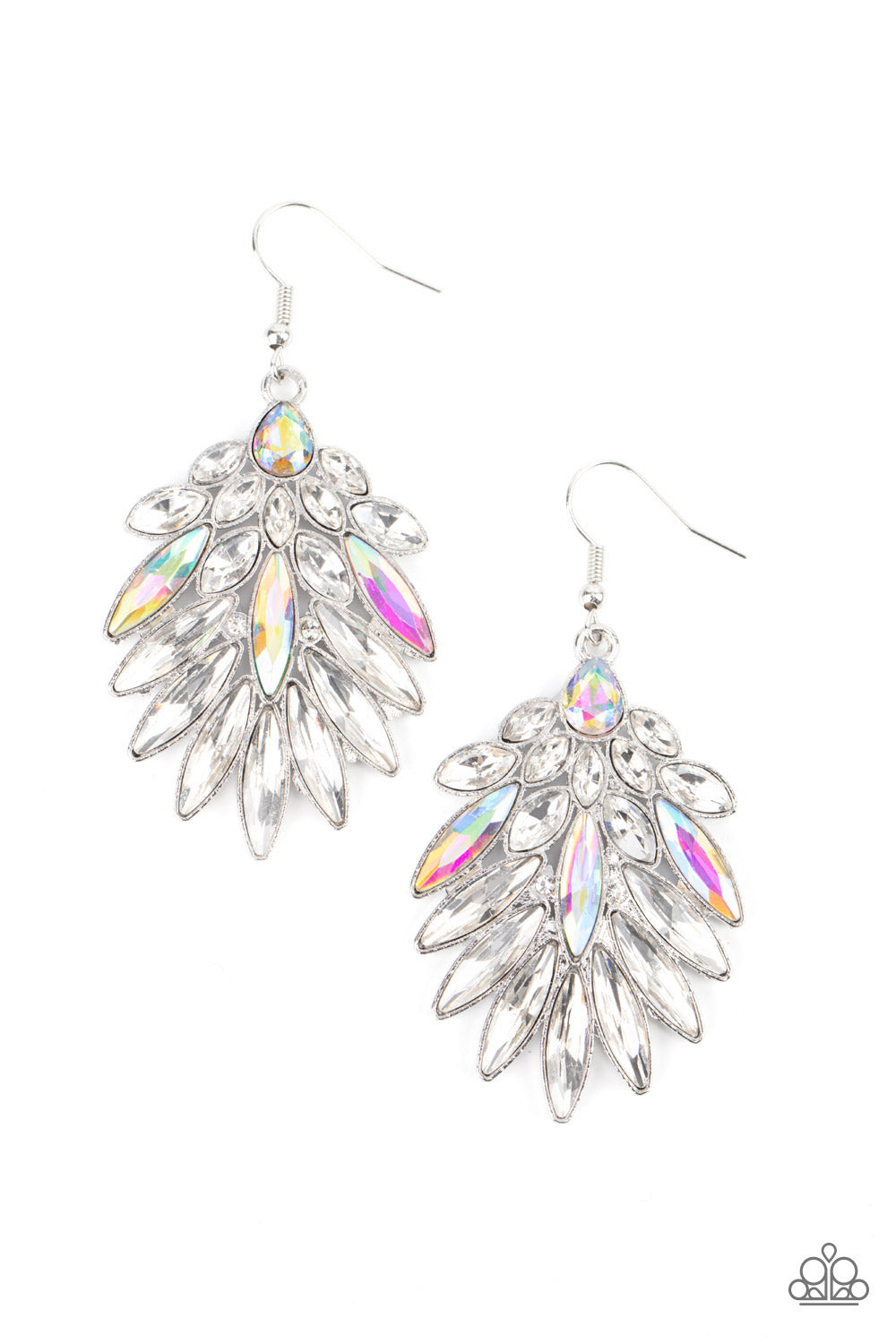 COSMIC-politan Multi Iridescent Earring - Paparazzi Accessories An iridescent teardrop rhinestone gives way to a sparkly fan of classic white and oblong iridescent marquise cut rhinestones, coalescing into an out-of-this-world statement piece. Earring attaches to a standard fishhook fitting. Sold as one pair of earrings.