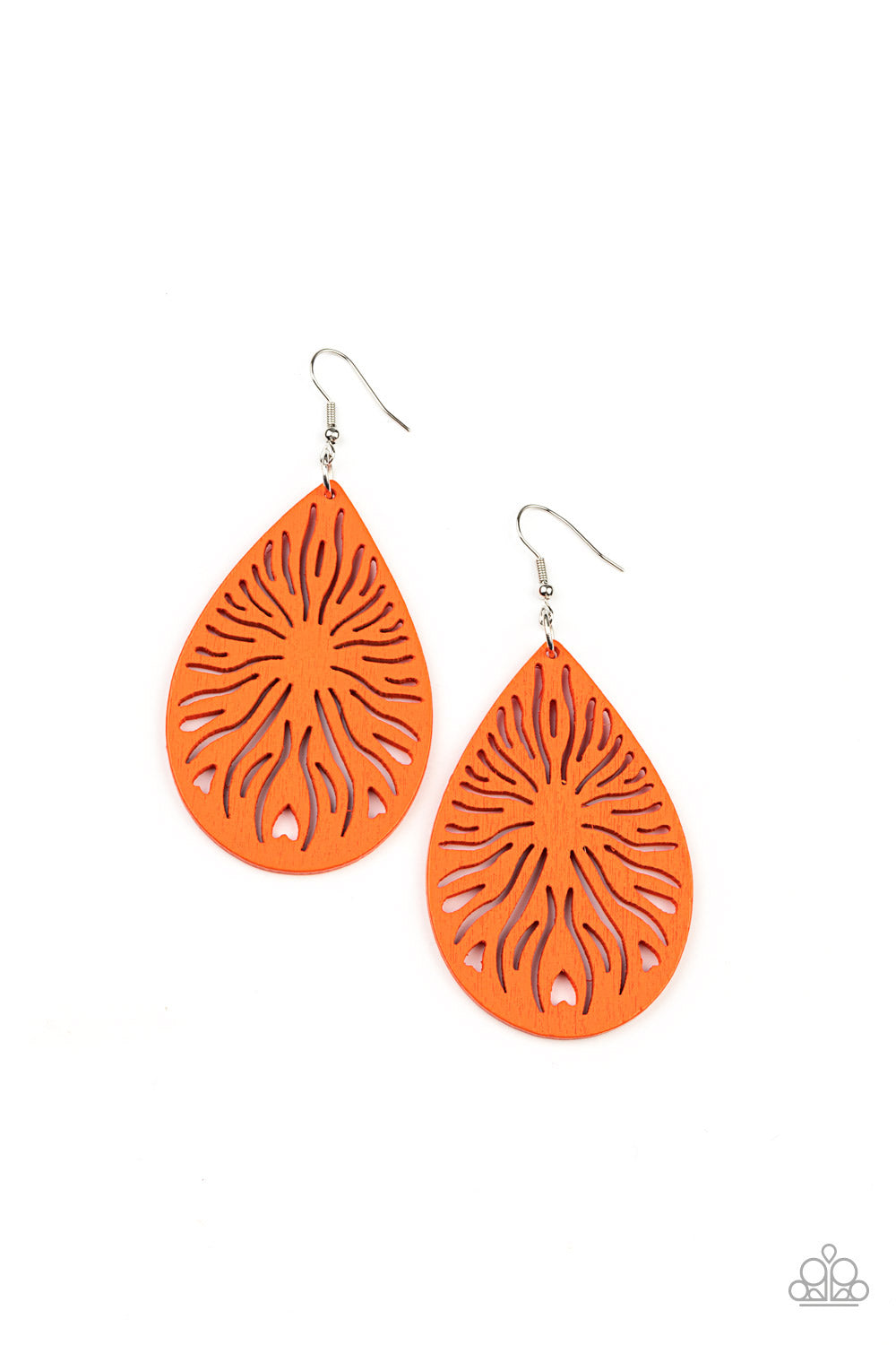 Sunny Incantations Orange Wooden Earring - Paparazzi Accessories A whimsical sunburst pattern is cutout from an orange wooden teardrop, creating a simply seasonal frame. Earring attaches to a standard fishhook fitting. Sold as one pair of earrings.