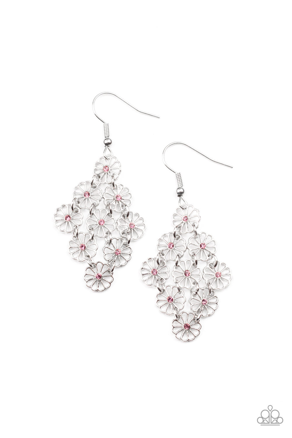 Bustling Blooms - Purple Item #P5WH-PRXX-241XX Dotted with dainty purple rhinestone centers, an airy collection of stenciled silver flowers link into a whimsical floral lure. Earring attaches to a standard fishhook fitting. Sold as one pair of earrings.