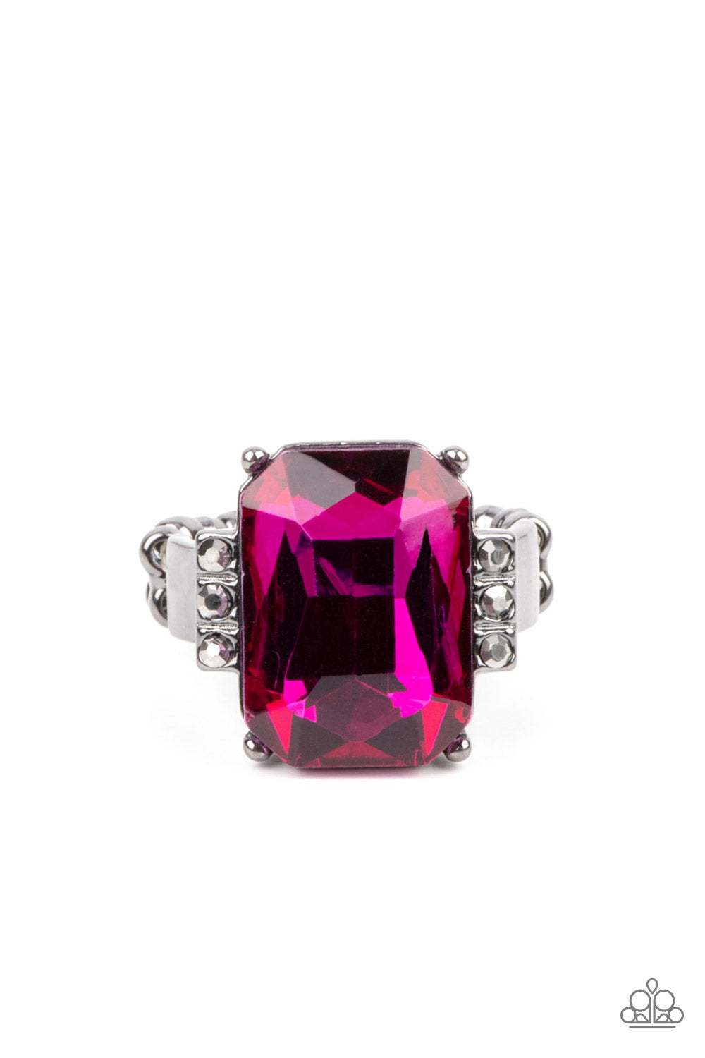 Epic Proportions Pink Ring - Paparazzi Accessories Flanked by stacks of dainty hematite rhinestones, an oversized Fuchsia Fedora emerald cut gem is pressed into the center of a sleek gunmetal frame, resulting in a dramatic centerpiece atop the finger. Features a dainty stretchy band for a flexible fit. Featured inside The Preview at GLOW! Sold as one individual ring.