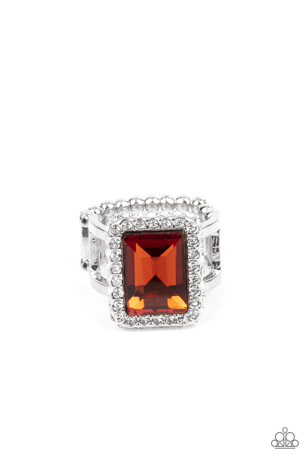 Glamorously Glitzy Brown Ring - Paparazzi Accessories Bordered in a sparkly frame of white rhinestones, an oversized topaz emerald cut gem adorns layered silver bands atop the finger for a jaw-dropping fashion. Features a stretchy band for a flexible fit. All Paparazzi Accessories are lead free and nickel free! Sold as one individual ring.