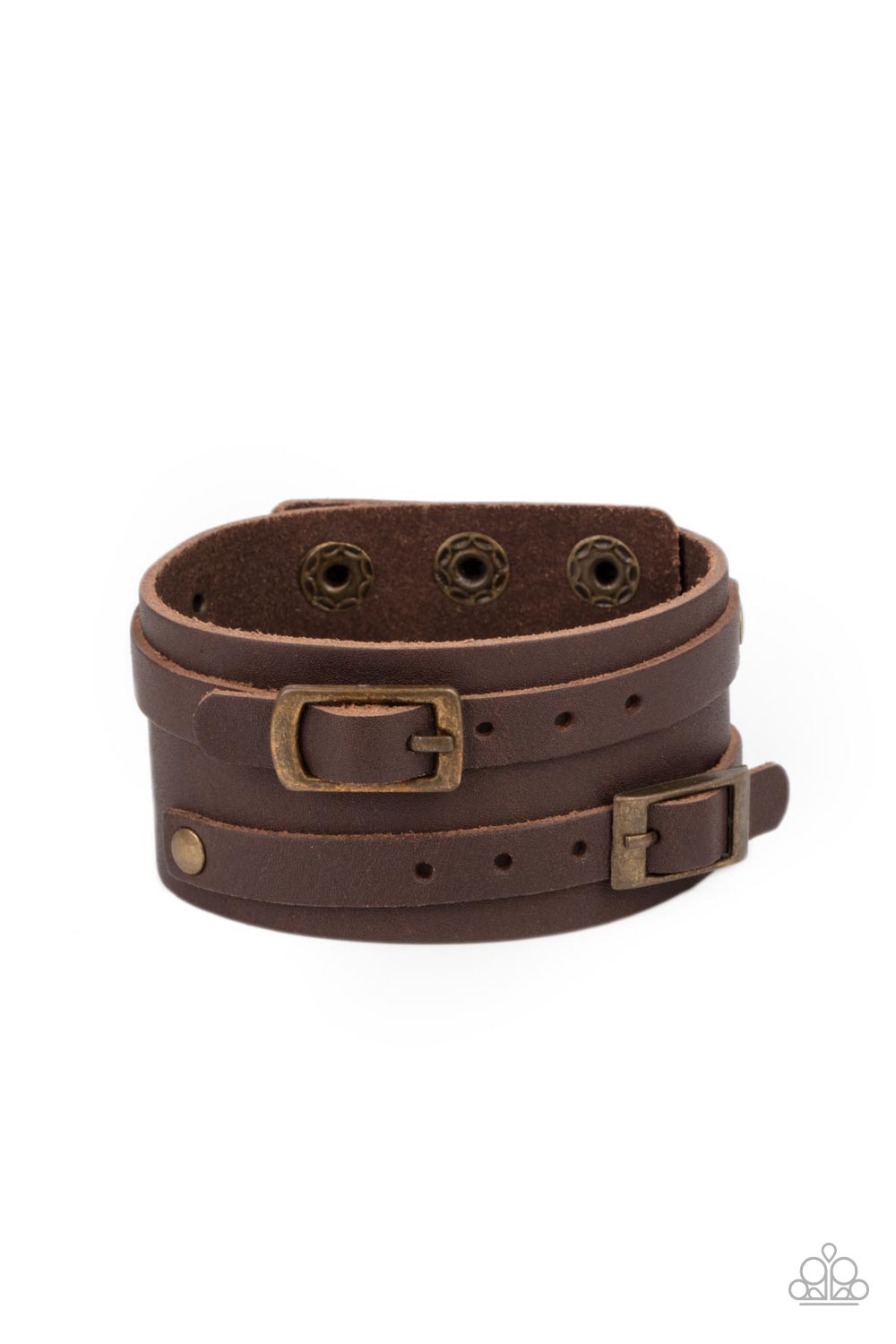 Bronco Bustin Buckles Brass Wrap Bracelet - Paparazzi Accessories A pair of brown leather brass buckles are buckled in place across the front of a rustic brown leather band for a seasonal look. Features an adjustable snap closure. Sold as one individual bracelet.