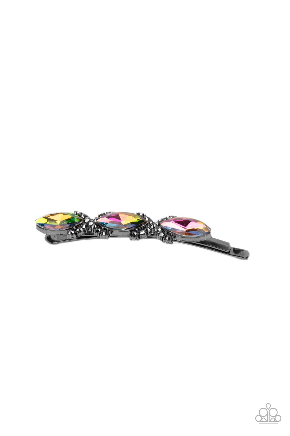 Stellar Socialite Multi Hair Clip - Paparazzi Accessories Crisscrossed ribbons of smoky hematite rhinestones separate a trio of oil spill marquise cut gems across the front of a classic gunmetal bobby pin for a stellar fashion. All Paparazzi Accessories are lead free and nickel free! Sold as one individual decorative bobby pin.