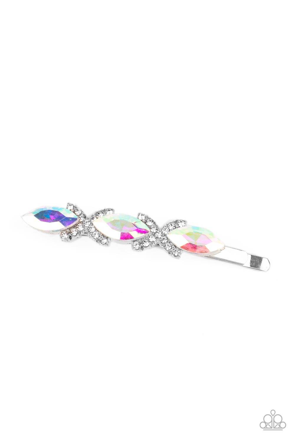 Stellar Socialite Multi Hair Clip - Paparazzi Accessories Crisscrossed ribbons of glassy white rhinestones separate a trio of shimmery UV marquise cut gems across the front of a classic silver bobby pin for a stellar fashion. Sold as one individual decorative bobby pin.