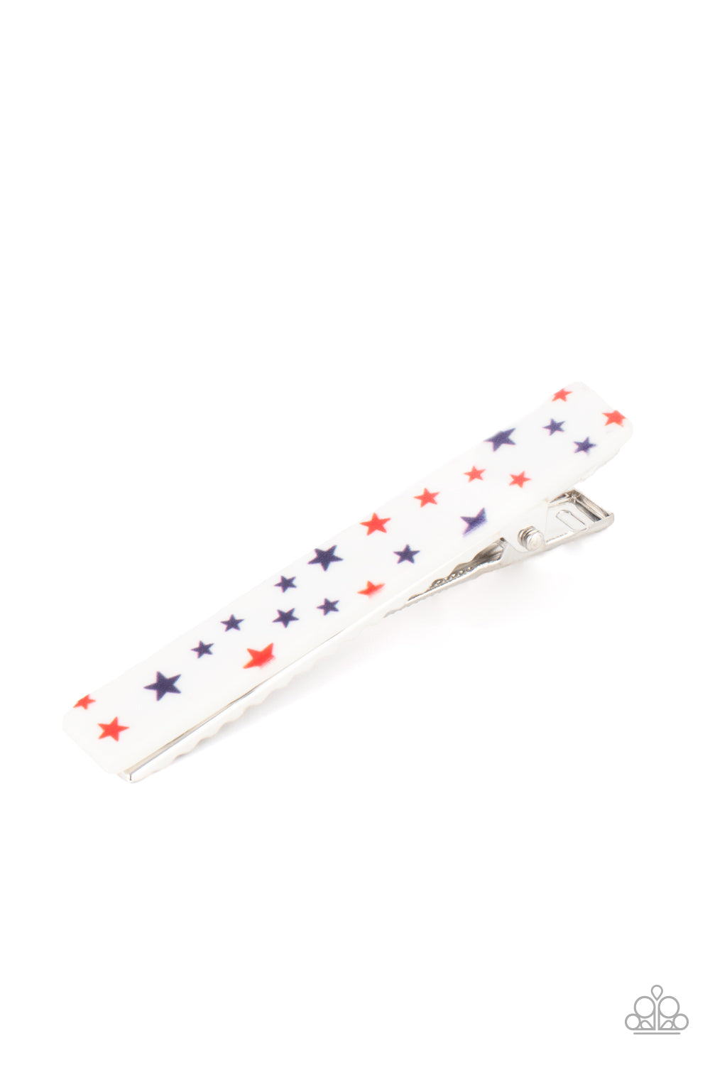 Prettiest Patriot Multi Hair Clip - Paparazzi Accessories. Spangled in blue and red stars, a classic white hair clip pulls back the hair for a patriotic inspired fashion. Features a standard hair clip on the back. All Paparazzi Accessories are lead free and nickel free! Sold as one individual hair clip.