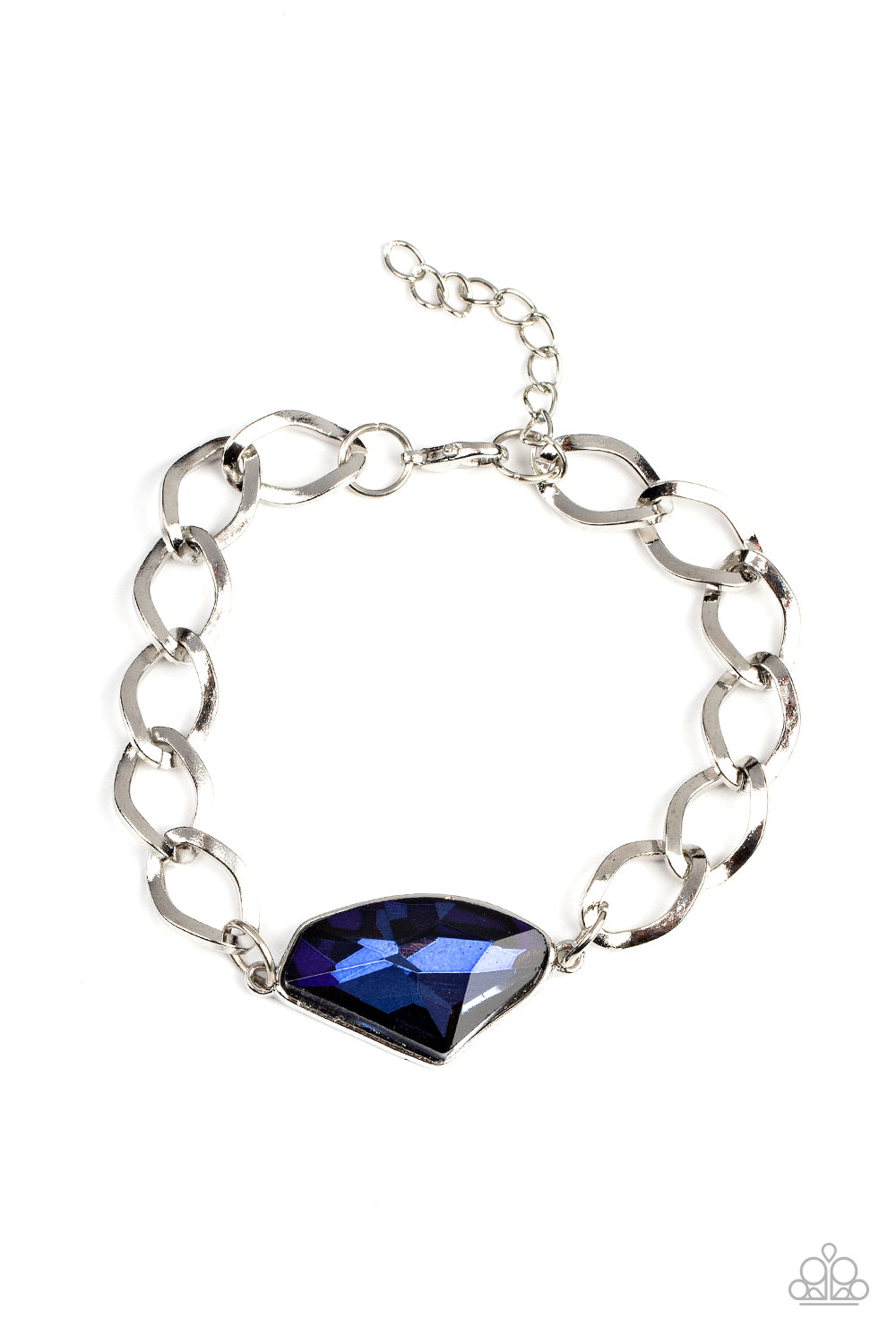 Galactic Grunge Blue Bracelet - Paparazzi Accessories An oversized raw cut blue gem is pressed into a sleek silver frame that attaches to a bold silver chain around the wrist for a glitzy grunge fashion. Features an adjustable clasp closure. Sold as one individual bracelet.