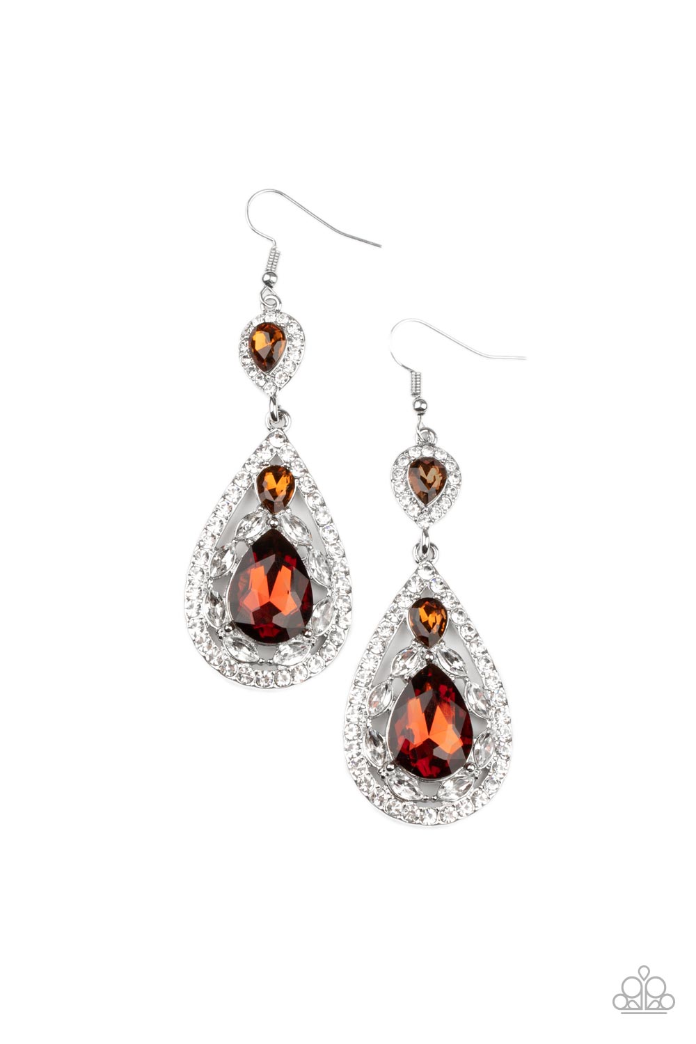 Posh Pageantry Brown Earring - Paparazzi Accessories Three teardrop topaz rhinestones adorn white rhinestone encrusted silver frames that link into an elegant teardrop lure for a flawless fashion. Earring attaches to a standard fishhook fitting. Sold as one pair of earrings.