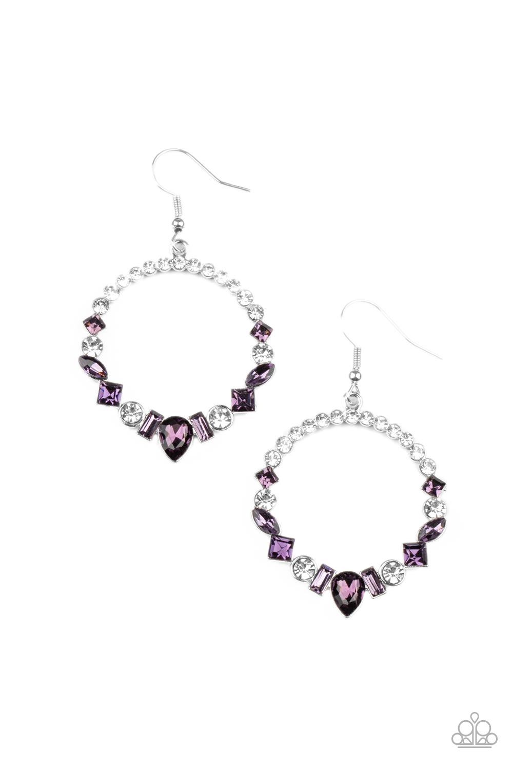 Revolutionary Refinement Purple Earring - Paparazzi Accessories The bottom of a white rhinestone encrusted silver hoop is dotted in an intermix of classic white rhinestones and marquise and square cut purple gems, resulting in a glamorous hoop. Earring attaches to a standard fishhook fitting. Sold as one pair of earrings. P5RE-PRXX-175XX