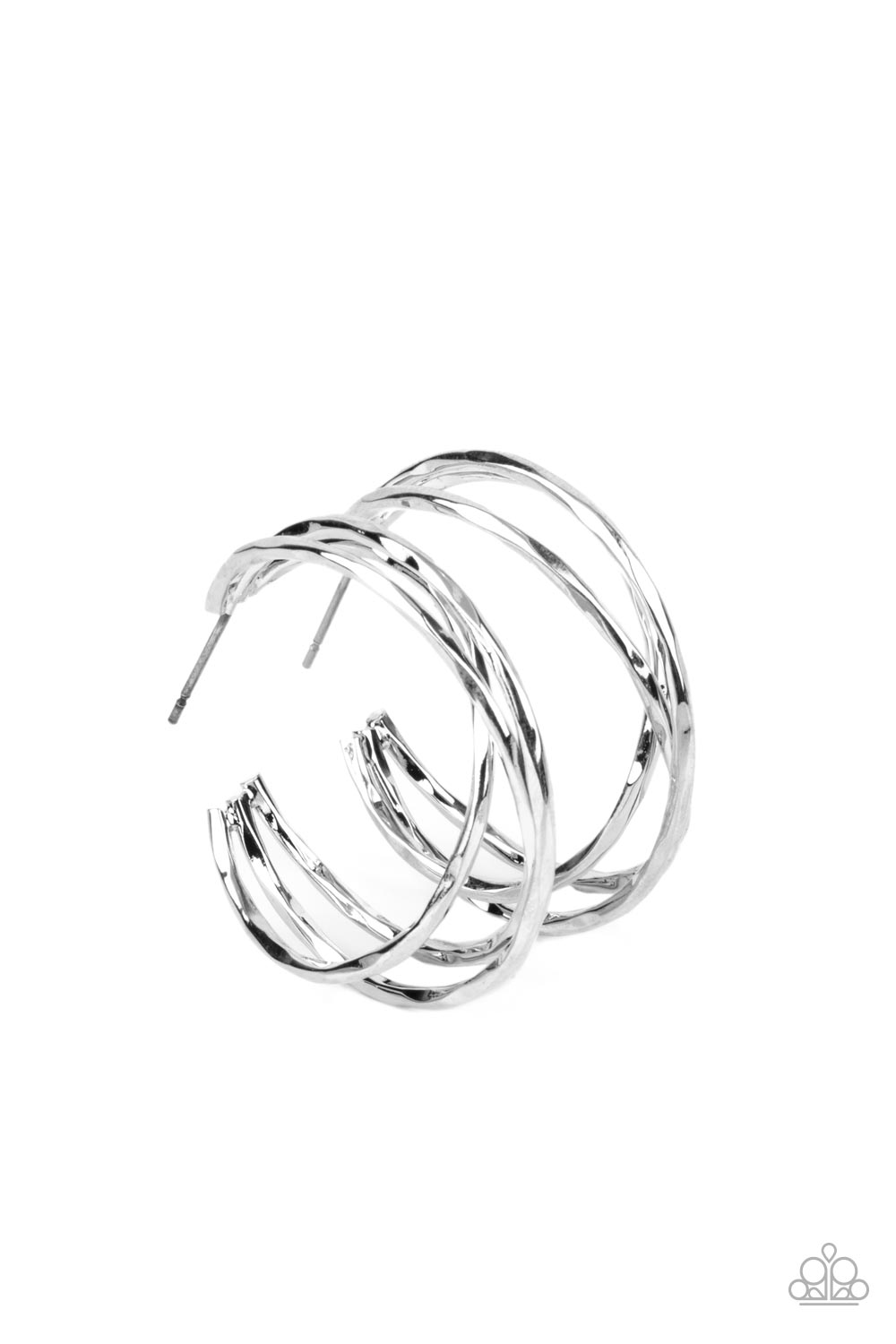City Contour Silver Hoop Earring - Paparazzi Accessories Glistening silver bars delicately overlap into a 3-dimensional frame, creating a dramatic hoop. Earring attaches to a standard post fitting. Hoop measures approximately 1" in diameter. Sold as one pair of hoop earrings.