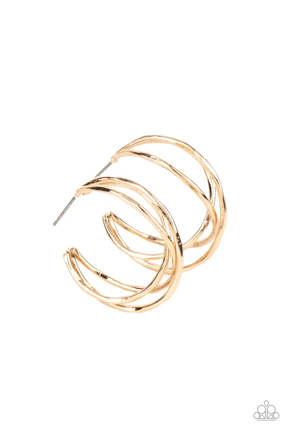 City Contour Gold Hoop Earring - Paparazzi Accessories Glistening gold bars delicately overlap into a 3-dimensional frame, creating a dramatic hoop. Earring attaches to a standard post fitting. Hoop measures approximately 1" in diameter. Sold as one pair of hoop earrings.
