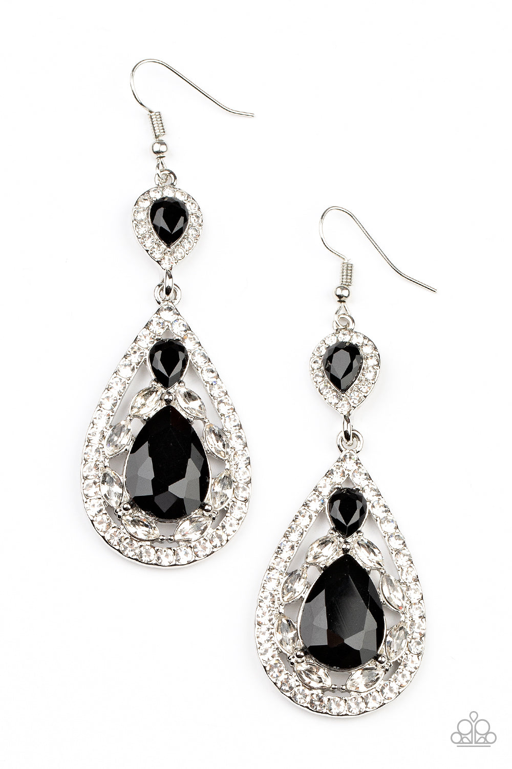 Posh Pageantry Black Earring - Paparazzi Accessories Three teardrop black rhinestones adorn white rhinestone encrusted silver frames that link into an elegant teardrop lure for a flawless fashion. Earring attaches to a standard fishhook fitting. Sold as one pair of earrings.