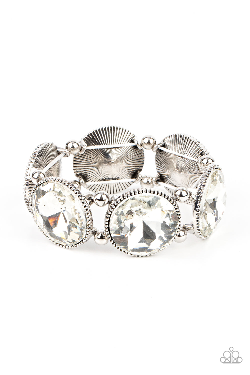 Powerhouse Hustle White Bracelet - Paparazzi Accessories Infused with pairs of silver beads, a glitzy collection of dramatically oversized white rhinestone frames are threaded along stretchy bands around the wrist for a jaw-dropping dazzle. All Paparazzi Accessories are lead free and nickel free! Sold as one individual bracelet.