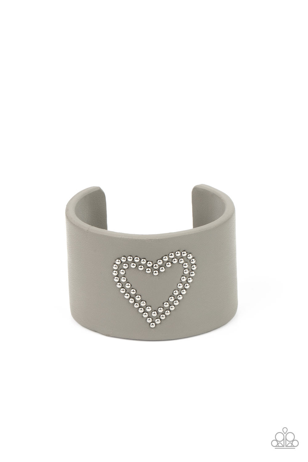 Rodeo Romance Silver Cuff Bracelet - Paparazzi Accessories The center of an Ultimate Gray leather cuff is studded in a charming heart pattern, creating a rustically romantic look around the wrist. Sold as one individual bracelet.