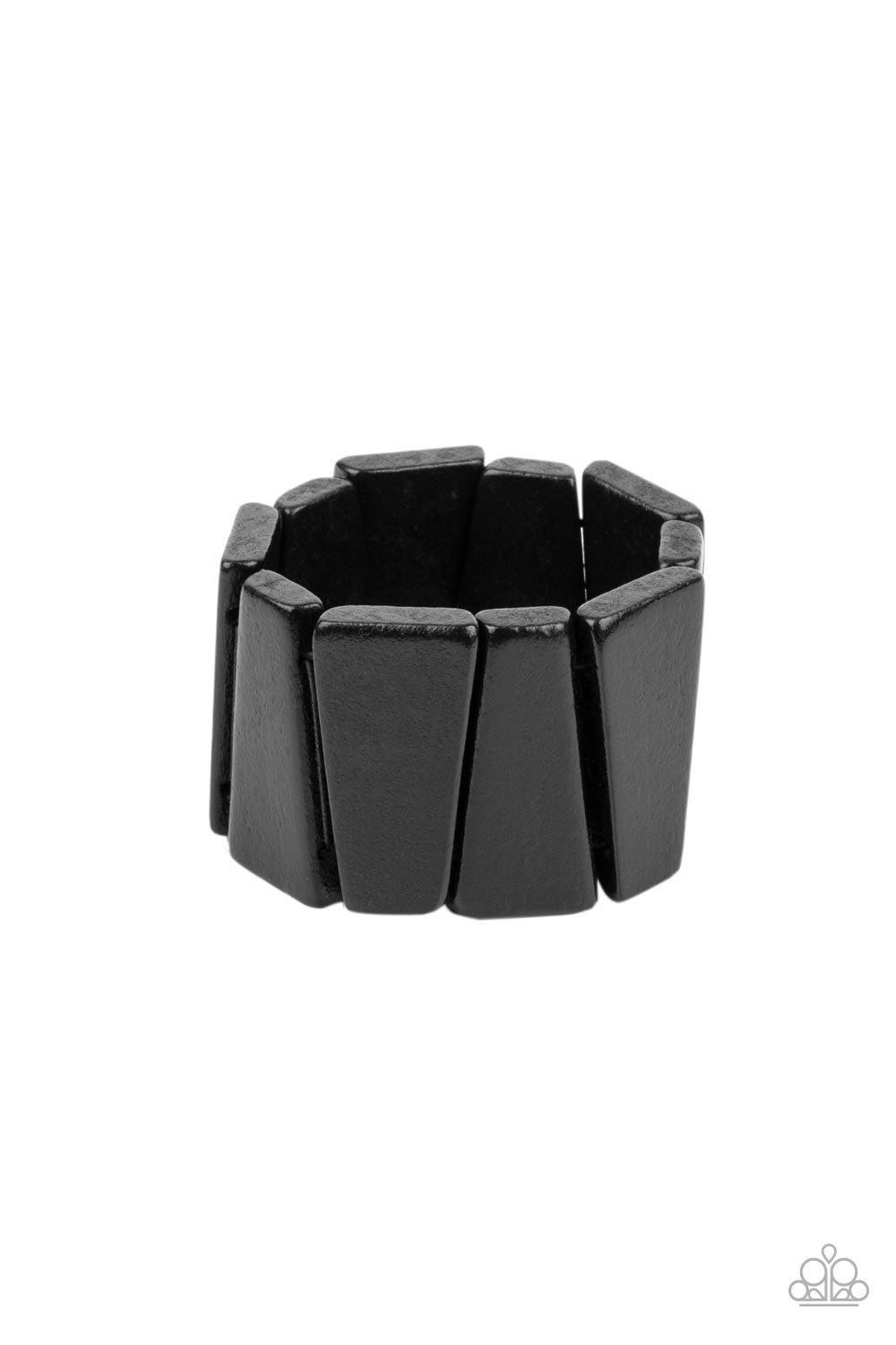 Barbados Backdrop Black Bracelet - Paparazzi Accessories Painted in a shiny black finish, chunky triangular wooden frames are threaded along stretchy bands around the wrist for an earthy look. Sold as one individual bracelet.