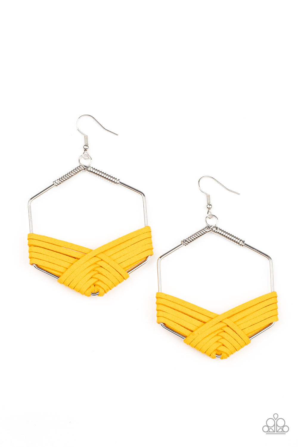 Suede Solstice Yellow Earring - Paparazzi Accessories Strands of yellow suede decoratively weaves around the bottom of a hexagonal silver frame, creating a colorfully rustic centerpiece. Earring attaches to a standard fishhook fitting. Sold as one pair of earrings.