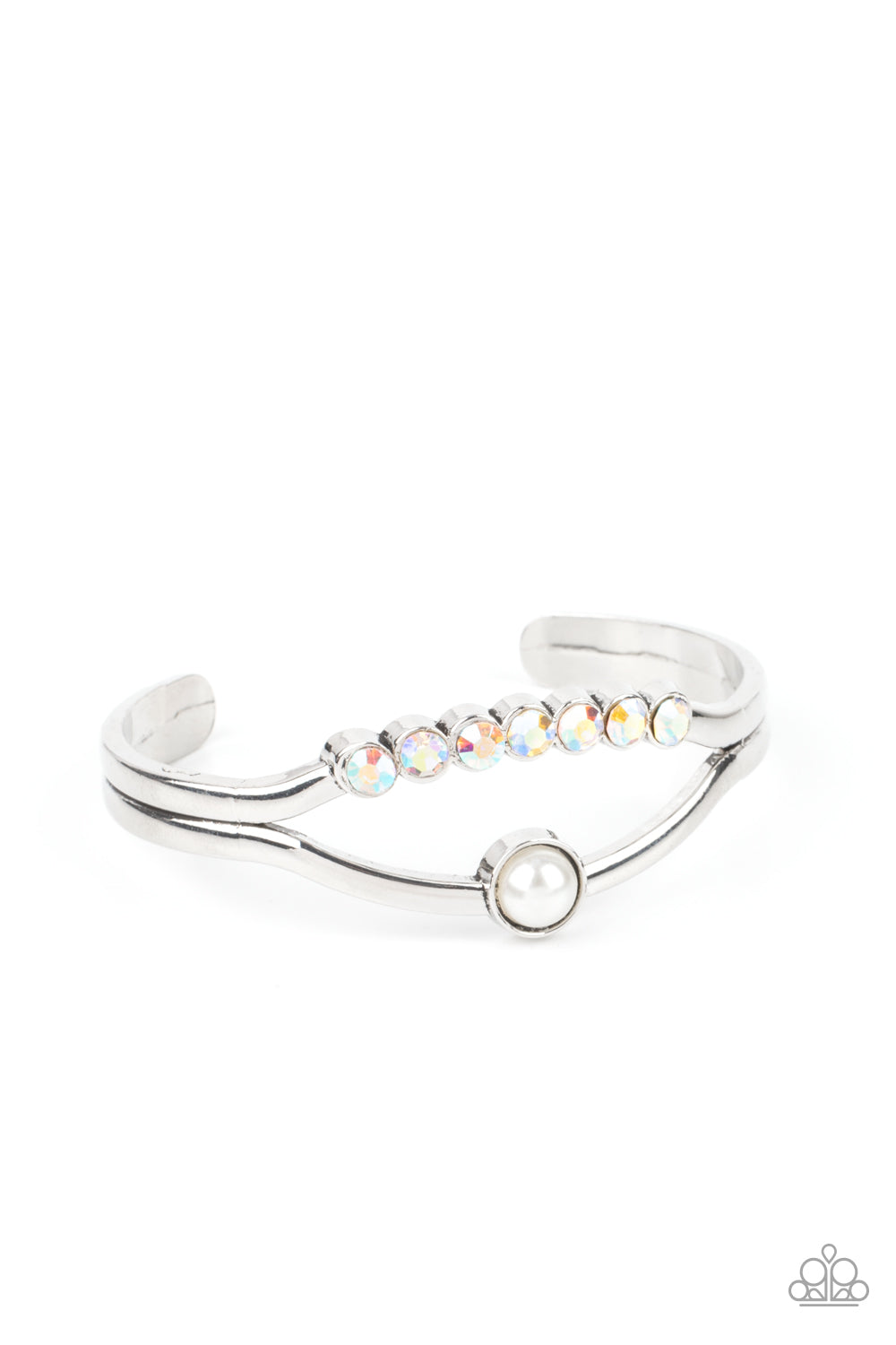 Palace Prize Multi Cuff Bracelet - Paparazzi Accessories A row of iridescent rhinestones and a solitaire white pearl adorn the layered center of a classic silver cuff, creating a timeless piece around the wrist. All Paparazzi Accessories are lead free and nickel free! Sold as one individual bracelet.