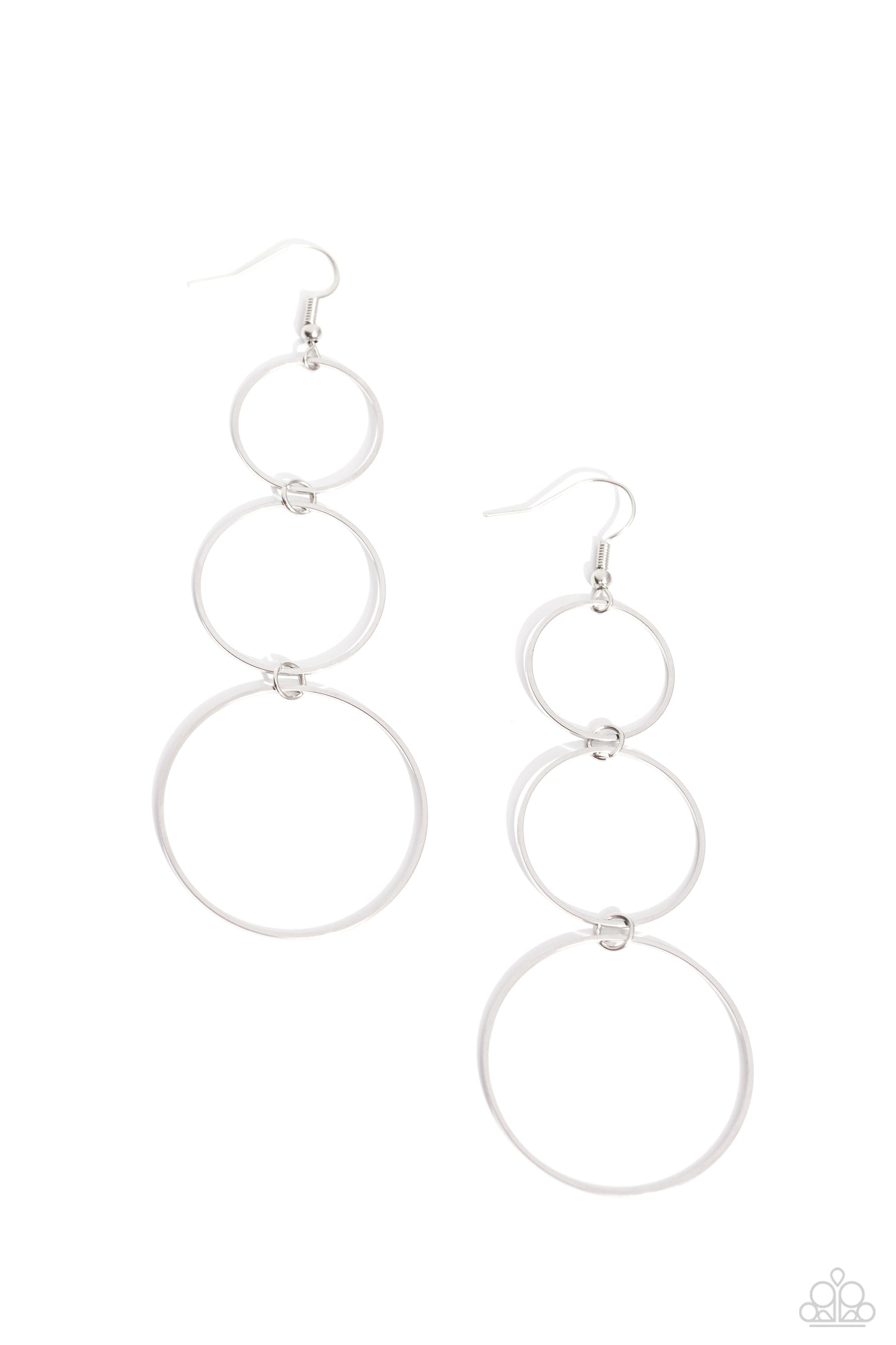 Urban Ozone Silver Earring - Paparazzi Accessories Three flat silver hoops gradually increase in size as they link from the ear, creating a dizzyingly lure. Earring attaches to a standard fishhook fitting. Sold as one pair of earrings. Sku: P5BA-SVXX-119XX