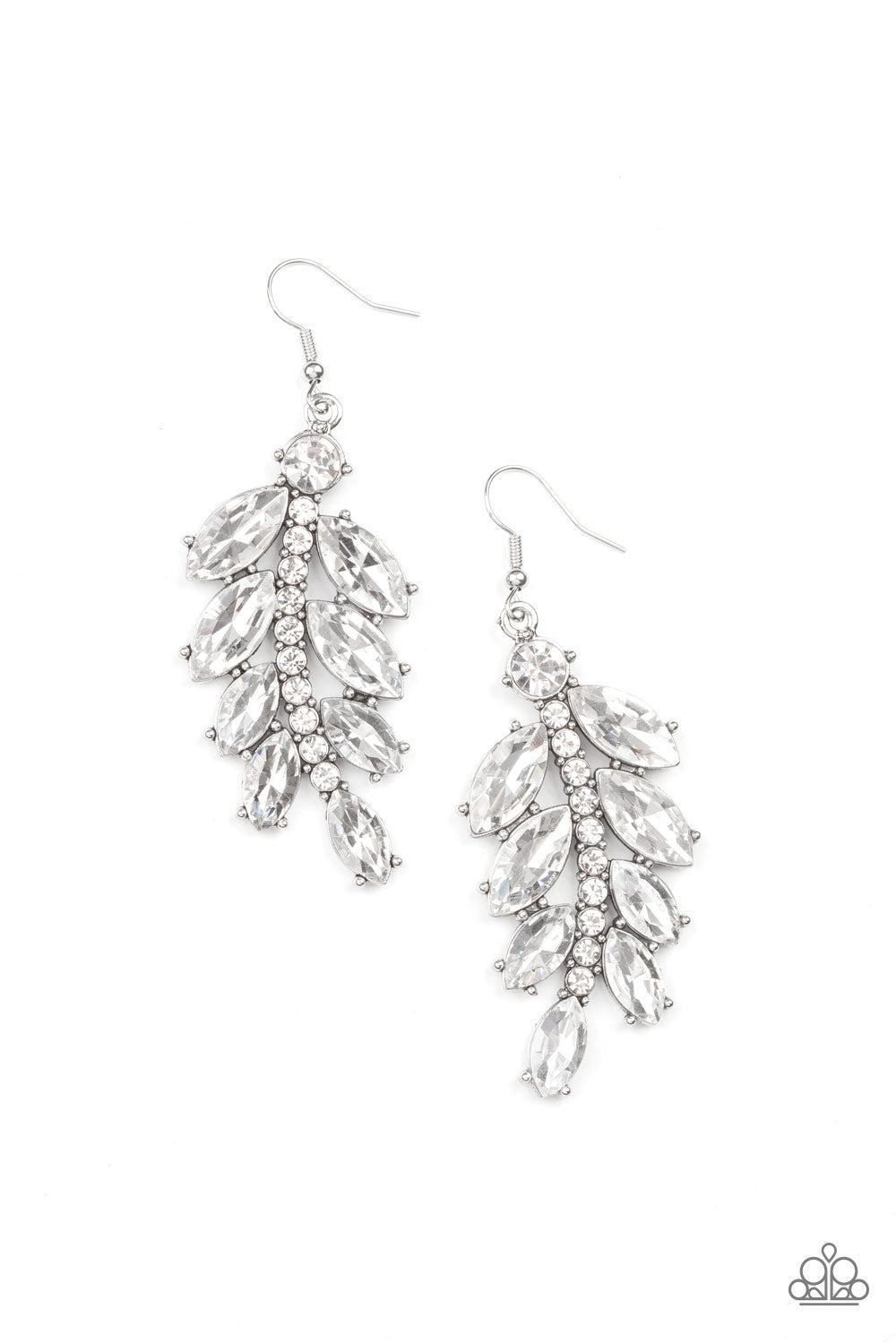 Ice Garden Gala White Earring - Paparazzi Accessories Oversized marquise cut white rhinestones fan out from a curved silver bar encrusted in glassy white rhinestones, resulting into a glamorously leafy statement piece. Earring attaches to a standard fishhook fitting. Sold as one pair of earrings.