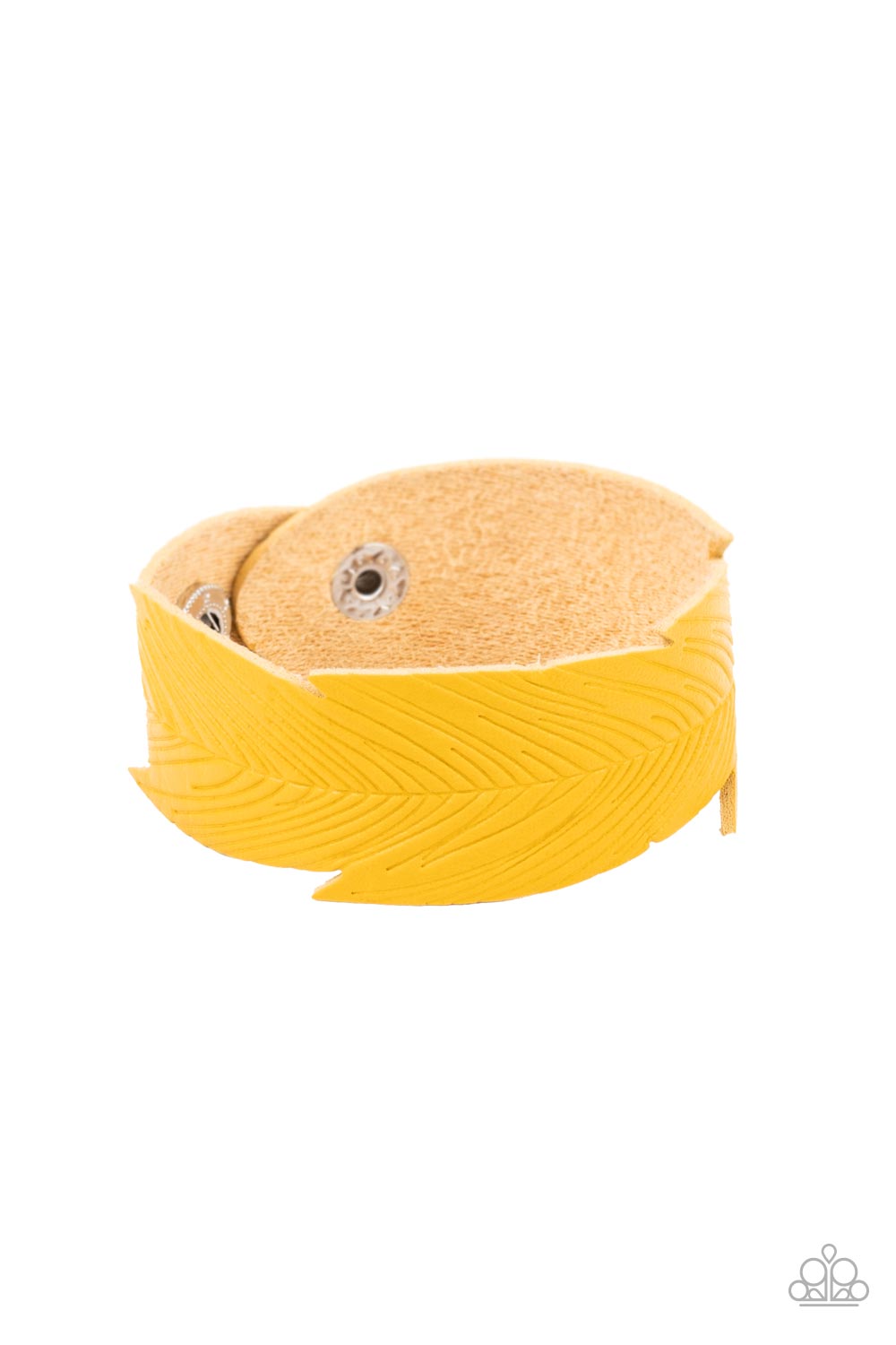 Whimsically Winging It Yellow Wrap Bracelet - Paparazzi Accessories Featuring lifelike details, a golden yellow leather band is cutout into a whimsical feather that wraps around the wrist for a seasonal flair. Features an adjustable snap closure. Sold as one individual bracelet.