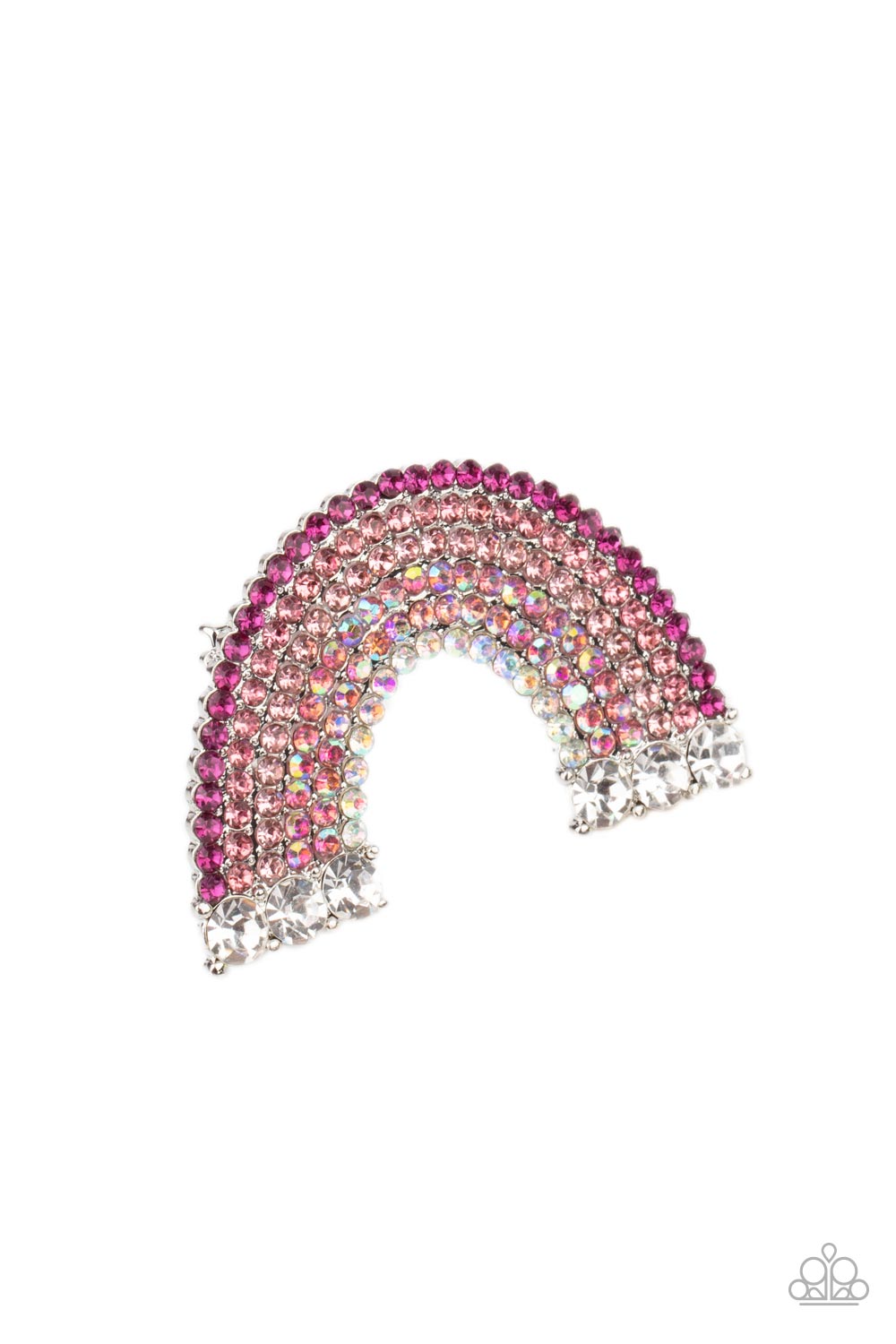 Somewhere Over The RHINESTONE Rainbow Pink Hair Clip - Paparazzi Accessories Infused with oversized white rhinestones, glittery rows of pink, iridescent, and white rhinestones arc into a sparkly rainbow centerpiece. Features a standard hair clip on the back. Sold as one individual hair clip.