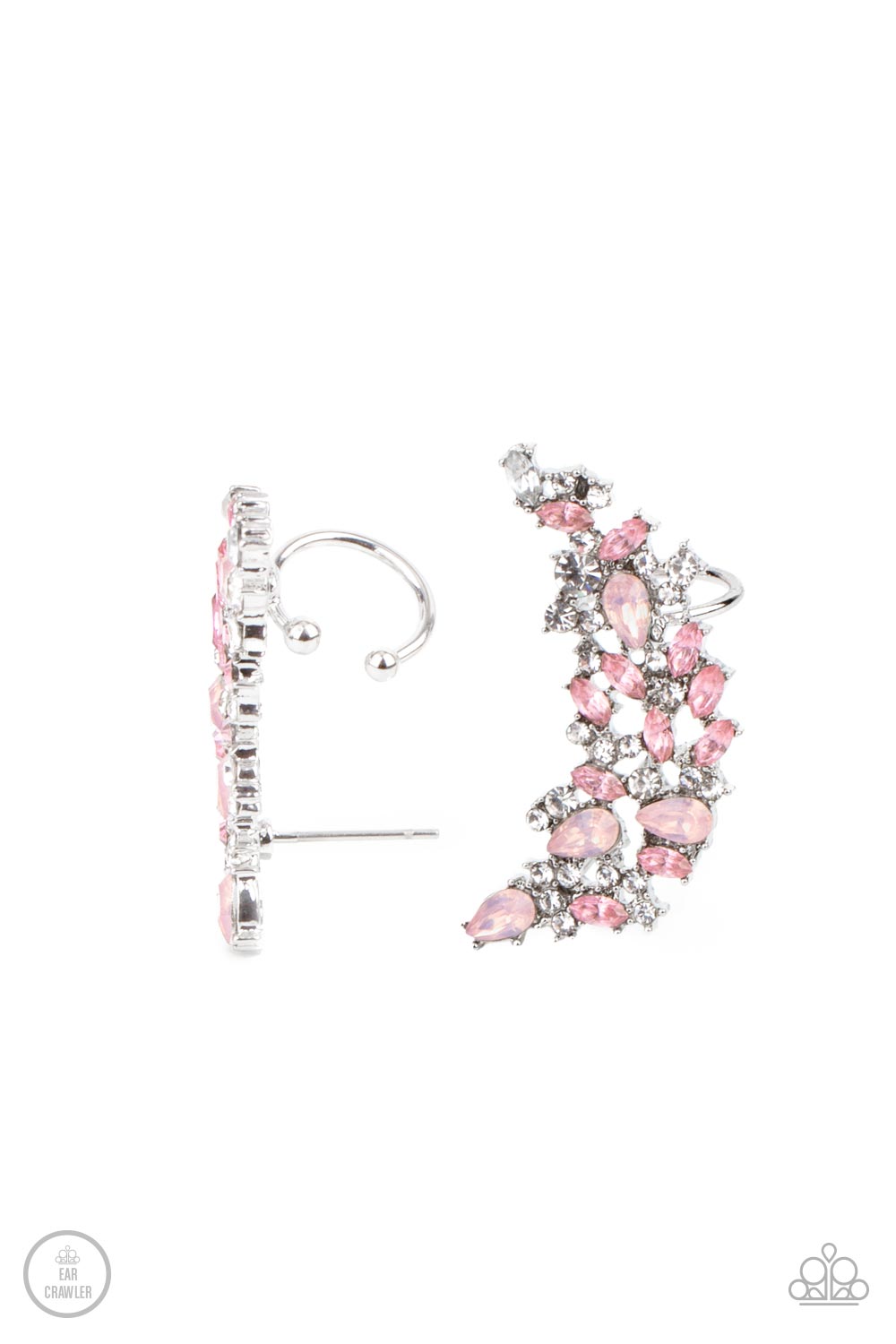 Prismatically Panoramic Pink Ear Crawler Earring - Paparazzi Accessories Varying in round, marquise, and teardrop cuts, a glittery explosion of pink, white, and opal pink rhinestones coalesces into panoramic sparkle. Features a dainty cuff attached to the top for a secure fit. Sold as one pair of ear crawlers.