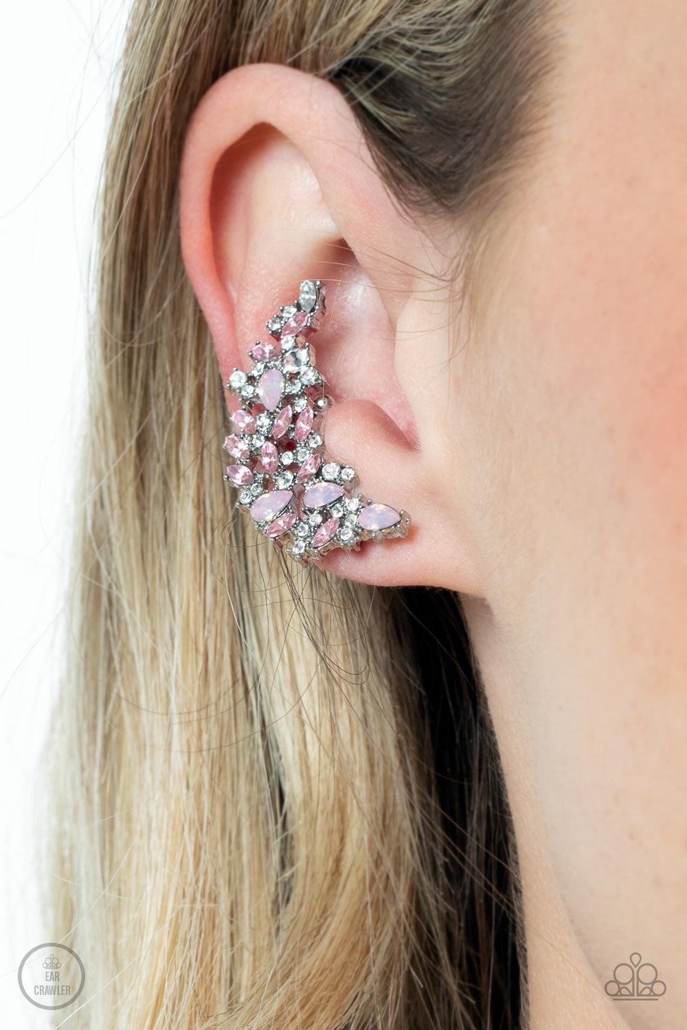 Prismatically Panoramic Pink Ear Crawler Earring - Paparazzi Accessories  Varying in round, marquise, and teardrop cuts, a glittery explosion of pink, white, and opal pink rhinestones coalesces into panoramic sparkle. Features a dainty cuff attached to the top for a secure fit.  Sold as one pair of ear crawlers.