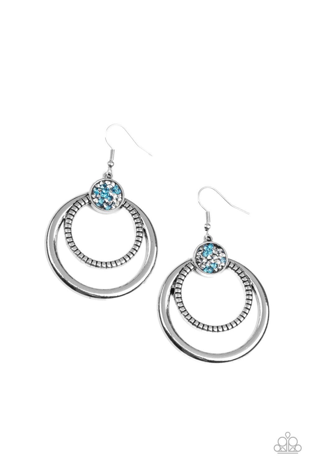 Spun Out Opulence Blue Earring - Paparazzi Accessories Smooth and textured silver hoops connect to the bottom of a silver fitting embellished in glitzy blue and hematite rhinestones, creating a dizzying lure. Earring attaches to a standard fishhook fitting. All Paparazzi Accessories are lead free and nickel free! Sold as one pair of earrings.