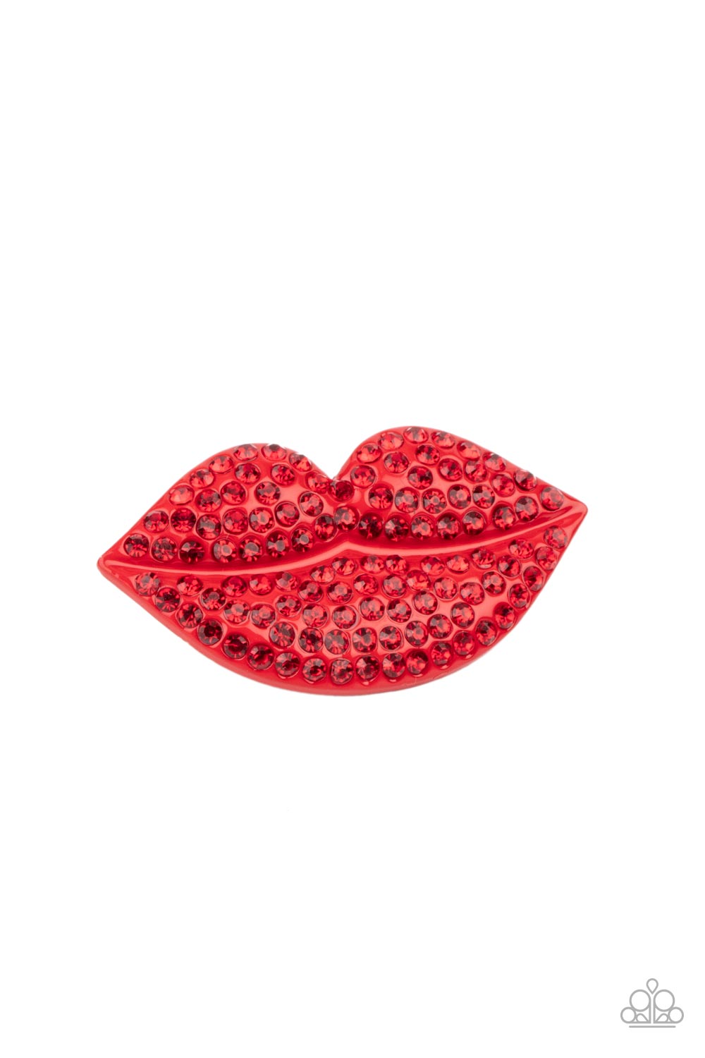 HAIR Kiss Red Hair Clip - Paparazzi Accessories Dotted with fiery red rhinestones, a glittery red pair of lips adorns the front of a classic silver frame for a glamorous finish. Features a standard hair clip on the back. Sold as one individual hair clip.