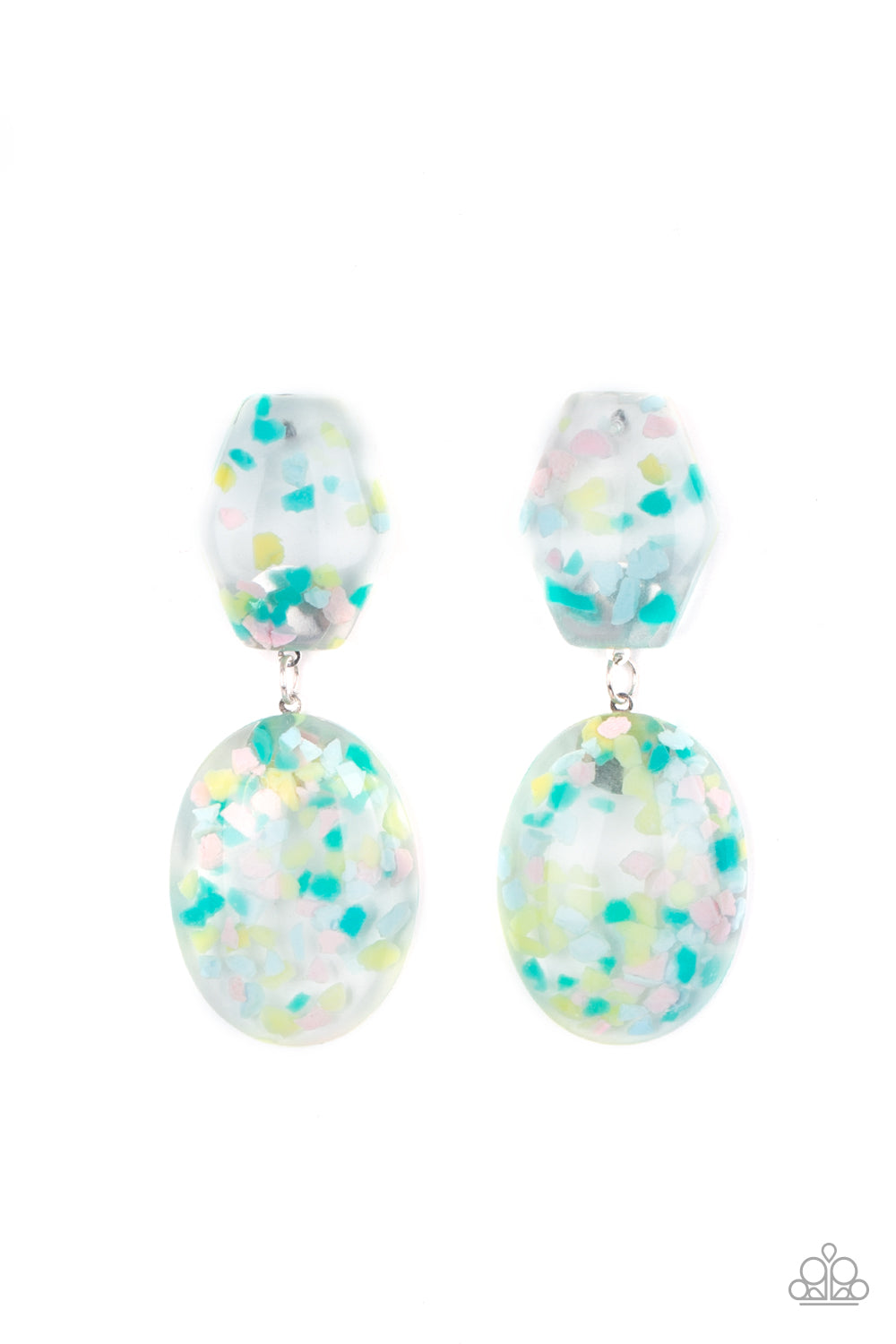 Flaky Fashion Multi Earring - Paparazzi Accessories Featuring multicolored confetti-like flakes, a clear acrylic oval frame swings from the bottom of a matching hexagonal frame, creating a bubbly lure. Earring attaches to a standard post fitting. All Paparazzi Accessories are lead free and nickel free! Sold as one pair of post earrings.