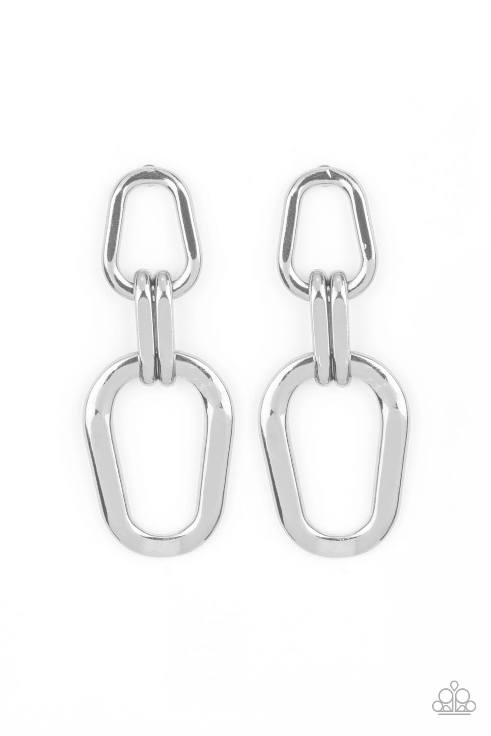 Harmonic Hardware - Silver Item #P5PO-SVXX-216XX A collection of asymmetrical silver oval frames boldly link into an edgy lure, resulting in an intense industrial statement piece. Earring attaches to a standard post fitting. Sold as one pair of post earrings.