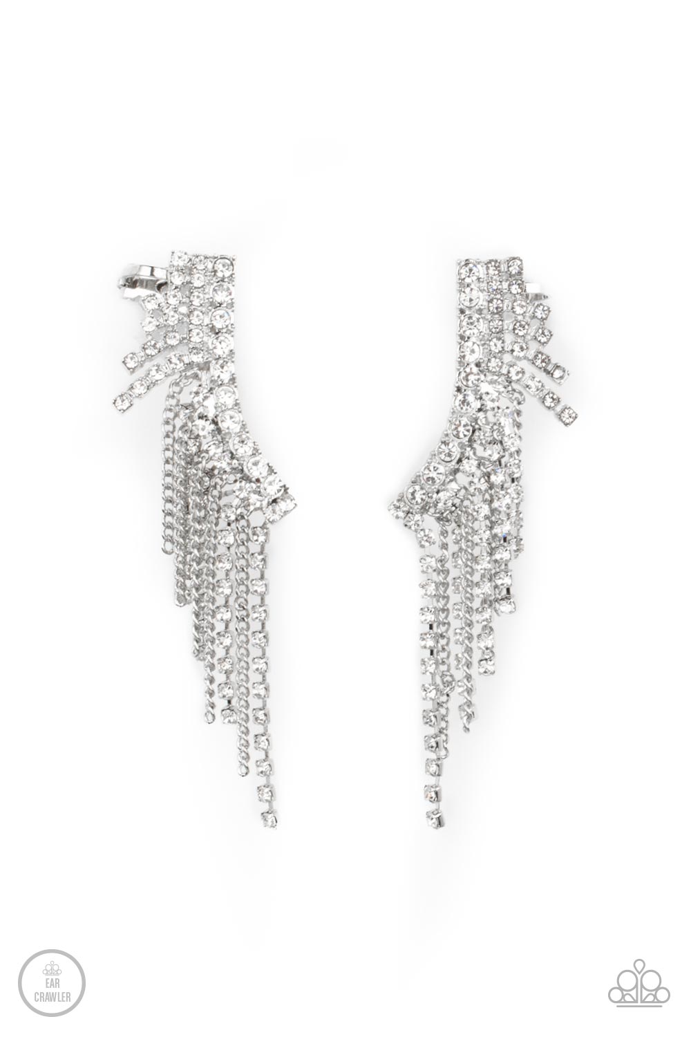 Thunderstruck Sparkle White Ear Crawler Earring - Paparazzi Accessories A tapered fringe of dainty silver chains and glittery strands of white rhinestones cascades from the edge of a curving white rhinestone encrusted frame, creating an edgy centerpiece. Features a clip-on fitting at the top for a secure fit. Sold as one pair of ear crawlers.