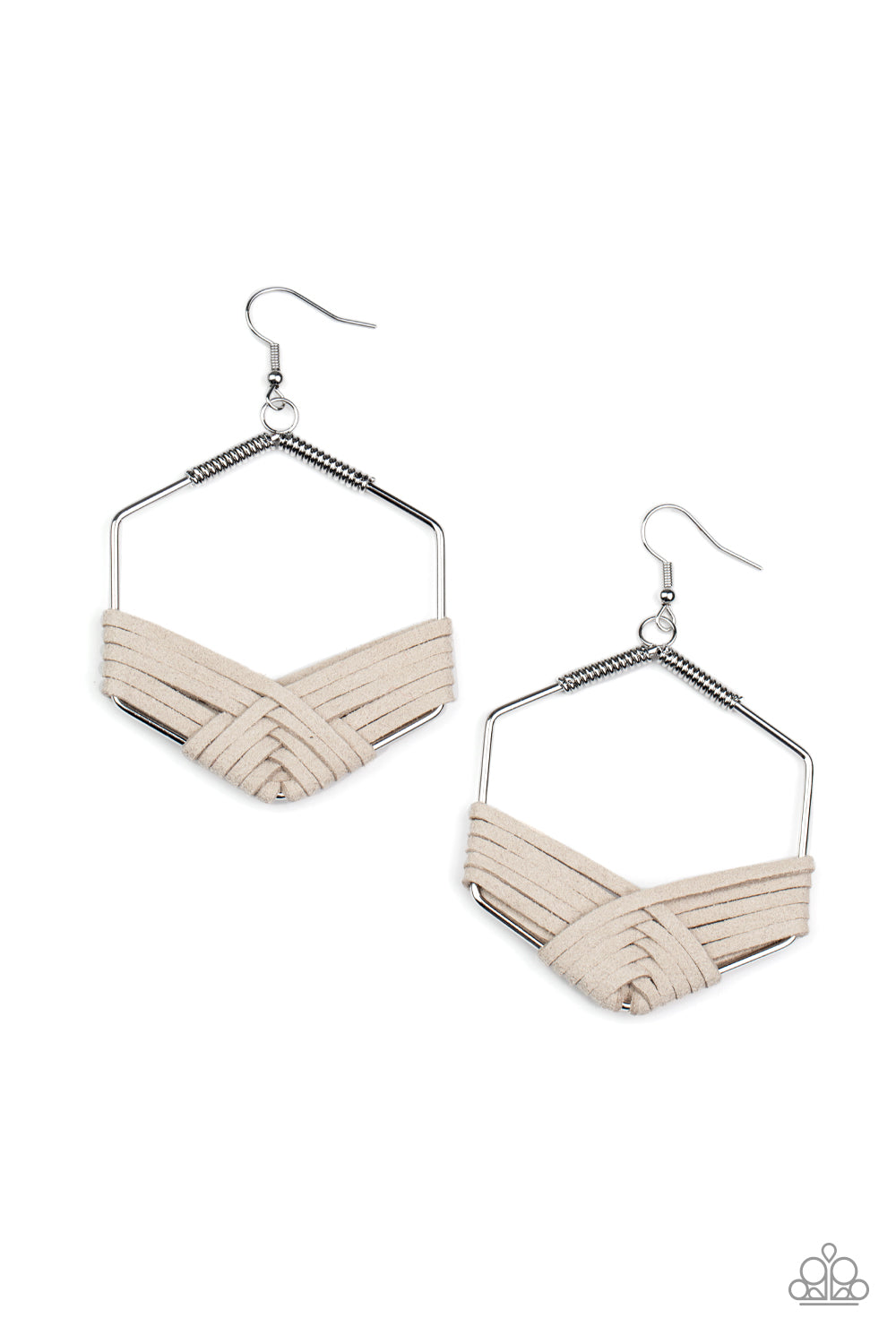 Suede Solstice Silver Earring - Paparazzi Accessories Strands of Ultimate Gray suede decoratively weaves around the bottom of a hexagonal silver frame, creating a colorfully rustic centerpiece. Earring attaches to a standard fishhook fitting. Sold as one pair of earrings.