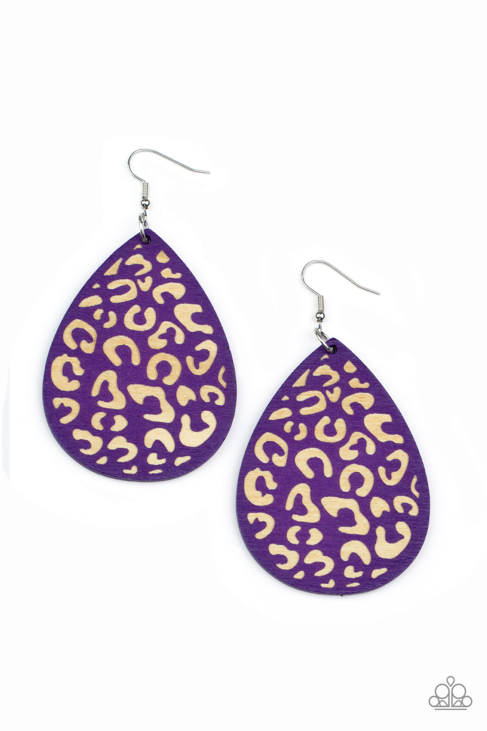 Suburban Jungle Purple Wooden Earring - Paparazzi Accessories A purple wooden teardrop frame is etched in a cheetah-like pattern, creating a wildly fabulous fashion. Earring attaches to a standard fishhook fitting. Sold as one pair of earrings.