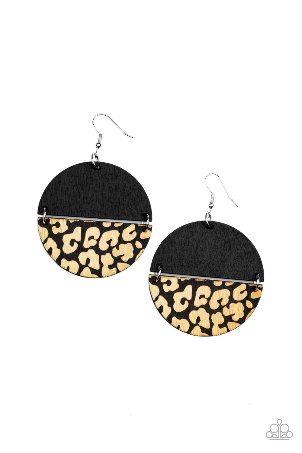 Jungle Catwalk Black Wooden Earring - Paparazzi Accessories A plain black half moon wooden frame links with a matching wooden frame that has been etched in a cheetah-like pattern, creating a wild lure. Earring attaches to a standard fishhook fitting. Sold as one pair of earrings. P5SE-BKXX-260XX