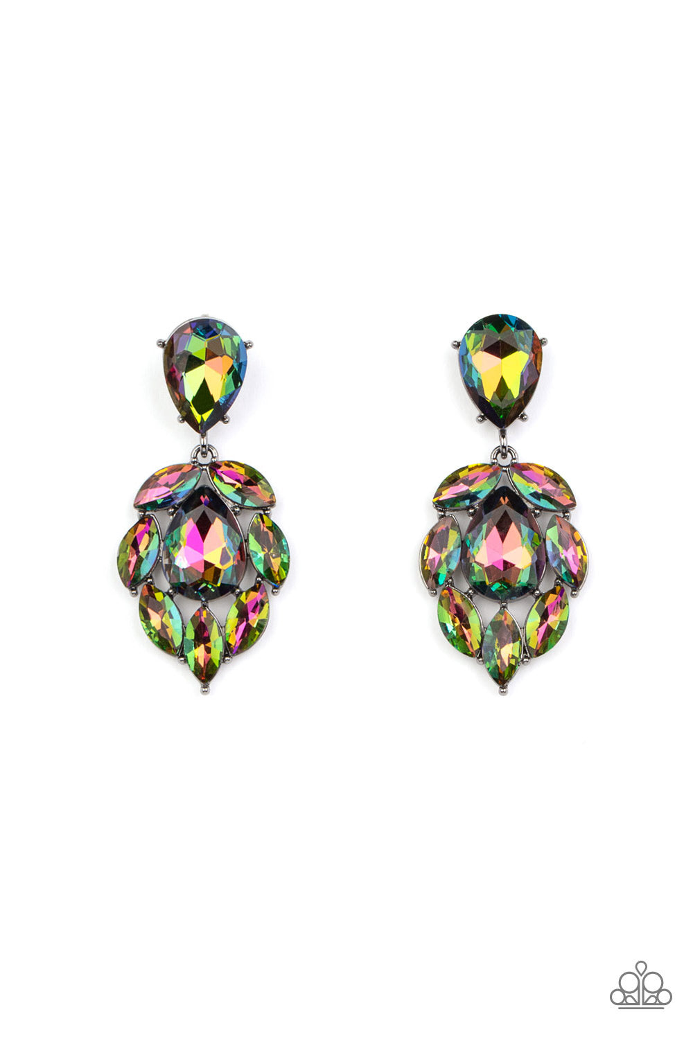 Galactic Go-Getter Multi Post Earring - Paparazzi Accessories A stellar collection of marquise cut oil spill rhinestones nestle around an oversized teardrop oil spill rhinestone, creating a dramatically stellar display at the bottom of a matching oil spill teardrop rhinestone. Earring attaches to a standard post fitting. Sold as one pair of post earrings.