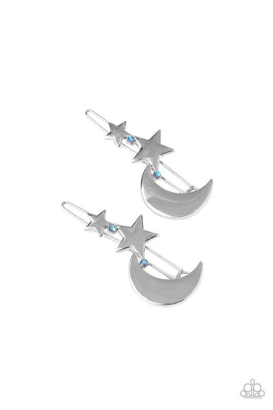 At First TWILIGHT Blue Hair Clip - Paparazzi Accessories  Infused with dainty iridescent rhinestones, a pair of shiny silver stars and a silver half moon join into a stellar frame. Features clamp barrette closures.  Sold as one pair of barrettes.
