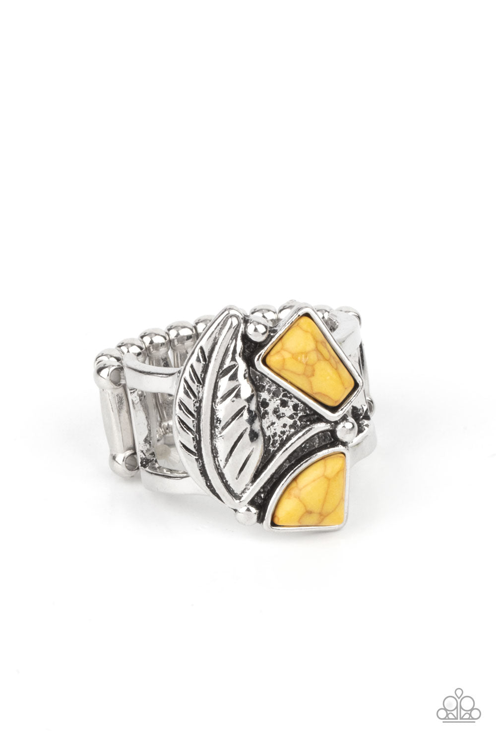 Make the NEST of It Yellow Ring - Paparazzi Accessories Asymmetrical yellow stones adorn the front of an antiqued silver frame adorned in a silver feather, creating a rustic centerpiece atop the finger. Features a stretchy band for a flexible fit. Sold as one individual ring.